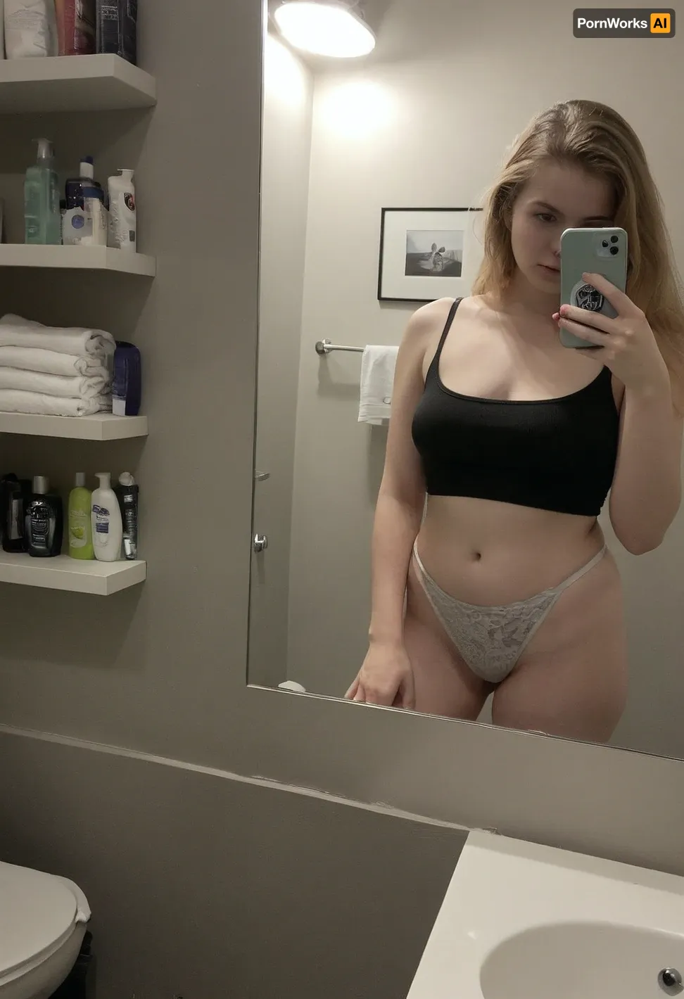 A young woman, light-skinned with shoulder-length blonde hair, is taking a selfie in a bathroom. She is positioned in the center of the image, but the focus is on her lower body. She's wearing a black crop top and white underwear. Her facial expression is neutral. She has a somewhat curvy build and is taking a selfie with her phone in a bathroom setting. In the mirror reflection, various toiletries and bathroom accessories are visible on the shelves above and around the woman. A poster or meme of a male figure is partially visible above a shelf behind the woman. The lighting is somewhat dim and muted. The bathroom interior is in a muted, cool tone. The composition is a mirror reflection, and the perspective is from a slightly low angle. The overall style is casual and slightly suggestive. Important details include the reflection of items on bathroom shelves and the printed meme in the background, <lora:dark:1.1>, <lora:boringRealism_primaryV4:.9>, <lora:Old_Digital_Camera:.7>