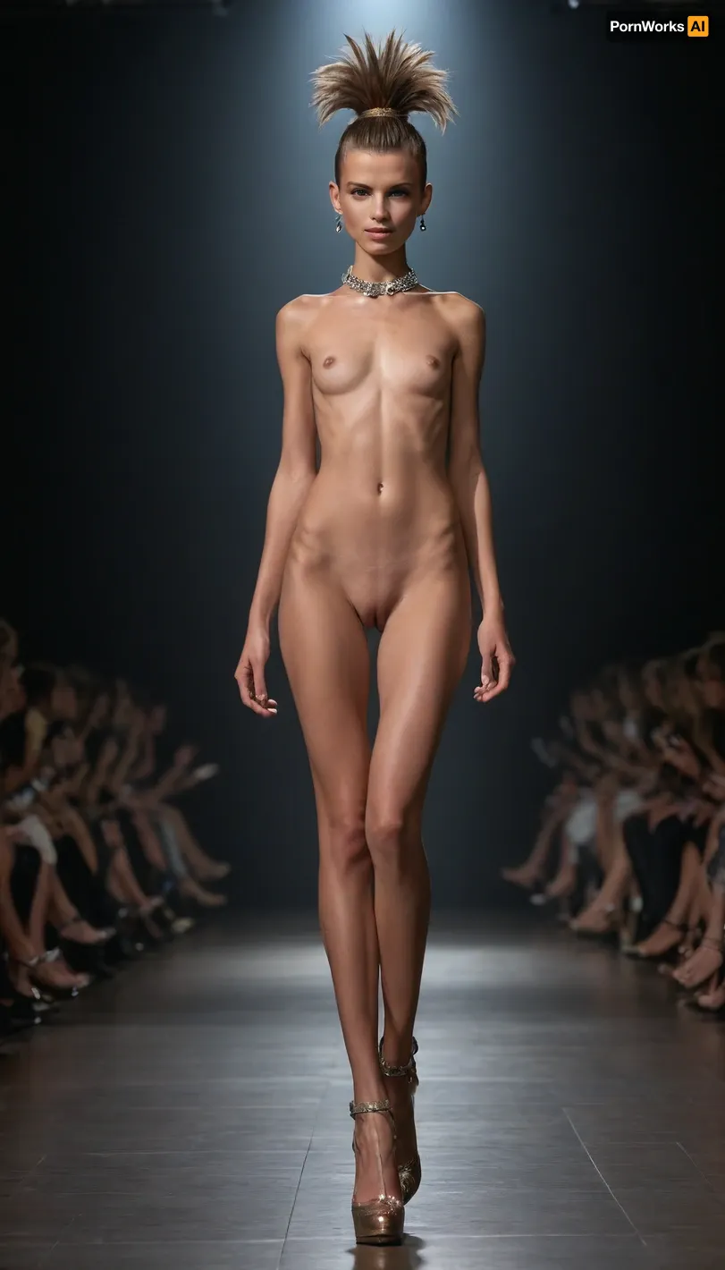 one fashion modell, 21 years, nude full body is visible, very thin, (((super skinny))), best quality, ultra-detailed, masterpiece, finely detailed, highres, 8k wallpaper, (very stylish mohawk haircut), slim body, updo mohawk stylish hair, light brown hair, tiny tits, tits out, breasts viewable, on a catwalk, 1girl Victoria's Secret Fashion Show, (high heels:1.5), Victoria's Secret Fashion clothes, ((shiny clothes)), (squatting:.9), (spreads legs:1.7), wide view, (naked vagina:1)
