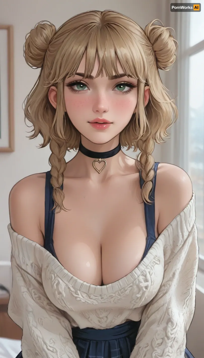 score_9, score_8_up, score_7_up, score_6_up, beautiful face, smirk, gigantic sagging natural breasts, natural breasts, overflowing high cleavage, brown hair, blonde bangs, split dyed hair, bangs, wide hips, tan skin, horny expression, full lips, medium length hair, green eyes, freckles, grey outfit, thick oversized knit sweater, school skirt, choker, low hanging pigtail, buns, braids, cum in mouth, aroma, ((aromasensei:1.3)), <lora:outline_xl_kohaku_delta_spv5x:1.8>, <lora:cartoon_stickers_xl_v1:.6>, <lora:NEOTOKIOXL_0.2_RC:.4>, <lora:Brown Dust Style XL:1.2>