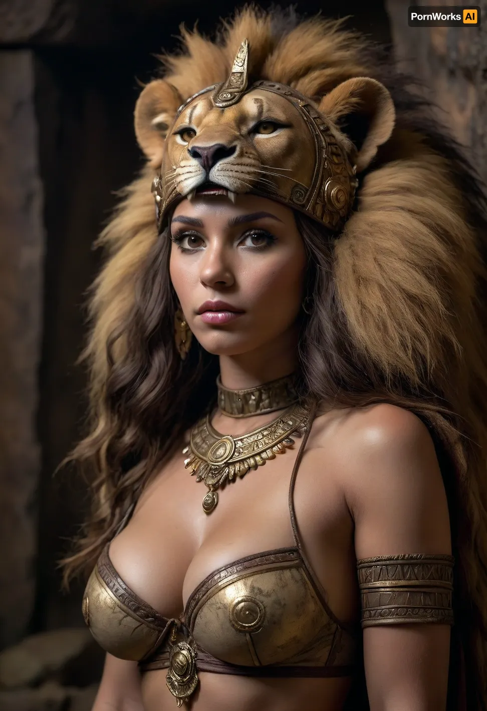 dark cave setting, woman with large breasts and tribal-style clothing, animal headpiece, (lion), brown, gold, tan, darker brown, dark background, woman with exaggerated features, implied sexual tension, woman is dark-skinned.