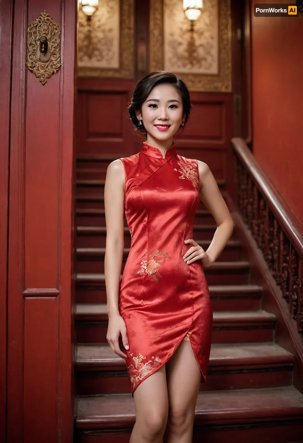 Woman, full body shot, cheongsam, red dress, Asian features, woman smiling, light blush on cheeks, dark hair, slightly exaggerated body proportions, step, stairs, red ornate door, background, light, warm colors, hyperrealistic, contrast, bright lighting, soft focus elements.