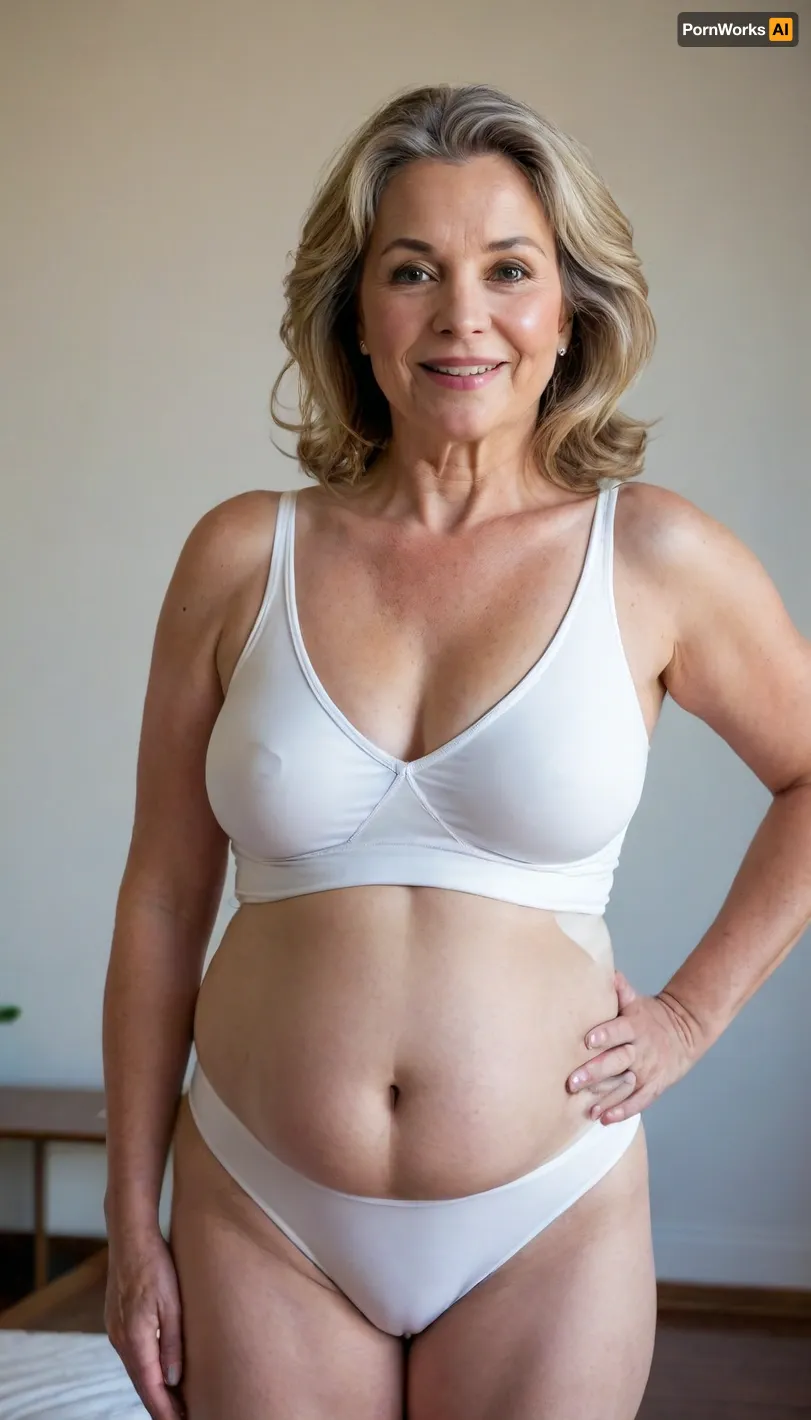 (chubby), pregnant, (gilf), 75 years old, (((BODY FACE FRONT, Looking FRONT))), bbw, curvy, chubby, fifty-year-old woman, ultra detailed, masterpiece, best quality, extremely detailed, sharp focus, bob cut dark blonde hair, ((white lowcut v-neck leotard)), ((big white wide full coverage highwaist yoga shorts)), big hips, narrow waist, parted lips, full lips, smile, saggy breasts, (cameltoe), (FUPA)