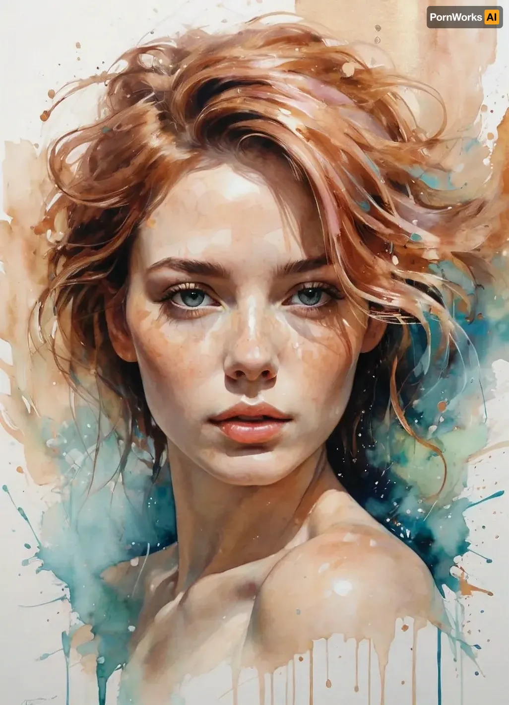 A mesmerizing portrait of a woman by Agnes Cecile, reimagined with luminous design and pastel hues. Copper brush strokes dance across the canvas, ranging from light rose gold to deep bronze and hints of greenish-blue. These strokes create a partial frame, accentuating the woman's features with delicate highlights on hair and facial contours. Sweeping copper strokes in varying opacities add depth and movement to the background, seamlessly blending with existing ink drips. Textured brushes mimic real copper paint, alternating between thin and bold strokes for visual intrigue. The copper elements interact with autumn lights, catching and reflecting luminous highlights. Pastel colors and ink drips harmonize with the metallic accents, creating a multi-layered, tactile experience. The final piece balances luminous qualities with copper elegance, resulting in a breathtaking fusion of traditional and contemporary artistic techniques.

1woman, 42yearsold, messy hair, open mouth