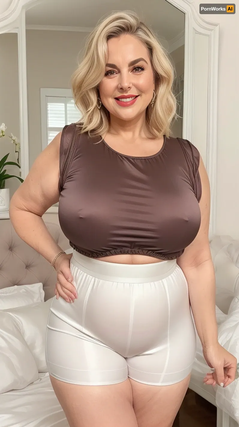 Full portrait picture of a curvy 70 year old mature woman, gilf, in a bedroom, mirror, plump waist, thick, big fupa, cameltoe, wide hips, big hips, sleeveless t-shirt, white silk high waist silk shorts, fat round face, light eyes, bob cut dark blonde with highlights hair, slicked-back hair, wide bowed lips, lips parted, smiling, laugh lines, wrinkles around eyes, fully dressed