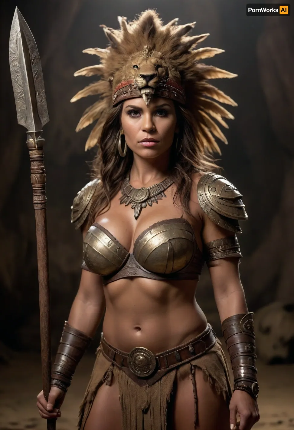 dark cave setting, (mature warrior woman with large breasts and tribal-style clothing), ((muscular)), (lion headpiece), (holding a spear at the ready), brown, gold, tan, darker brown, dark background, woman with exaggerated features, implied sexual tension, (woman is dark-skinned), .