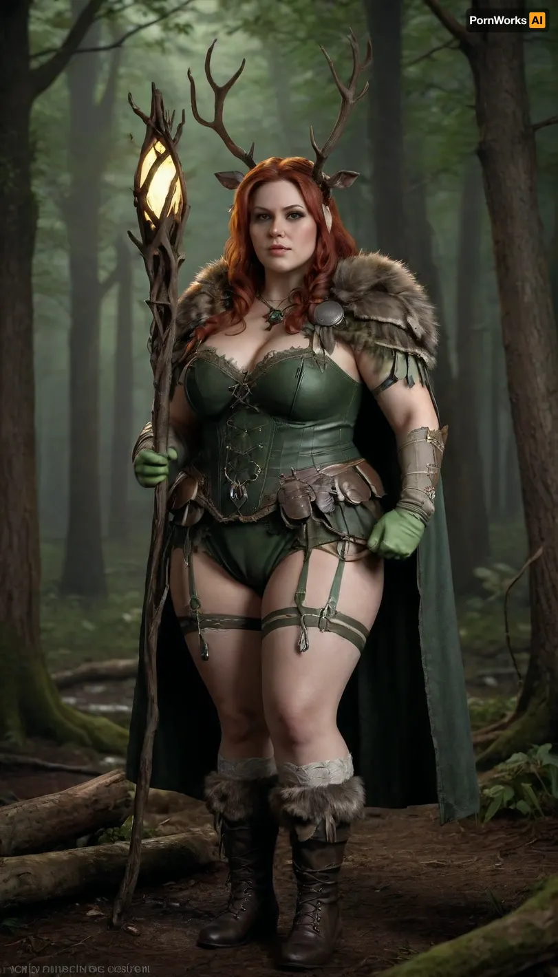 Adult woman, bbw, (white lace stocking, green shoe, green corset, green gloves, green cape, wooden staff, deer antlers on the head, bone jelly), side view, wet pussy, standing in dark forest, flover, serious face, full body, plumber labia, (huge sagging tits, bbw woman, huge tits), sexy face, beautiful hair, red hair, Her hair is tied up in a bun, deep focus, realistic details, ISO 100, realistic pictures, unique graphics, 8k, wallpaper, Hd, <lora:220437_training_data:2>, d4d, druid, <lora:diablo_4_druid_xl_v1:.8>, fur, cape, fantasy, armor, full, Antlers, leather, boots, rope, belt, trinkets, on, gauntlets, of, wood, A, staff, made, with, a, floating, crystal, <lora:DruidXL:.8>
