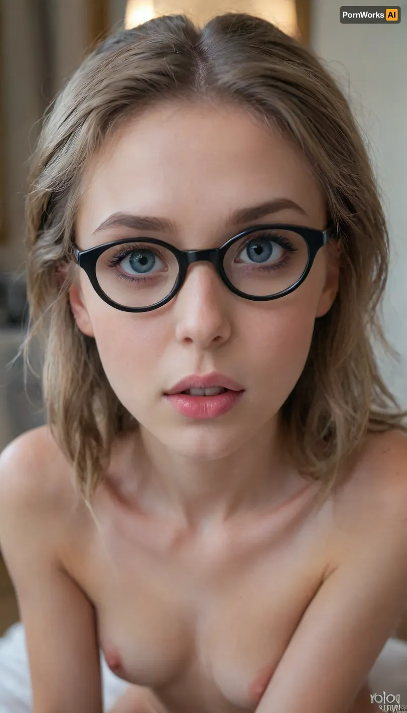 (18 year old girl:1.7), cute face, doll eyes, (((is on her knees))), (view from side), (((pastel room))), (round black thin frame glasses:1.3), (((looking up))), looking at me, (((view first person))), light blonde hair, super realistic photo, perfect lighting, (best shadow), 8K, UHD, sharp image, (best lighting), highest quality, (hands behind back), super detailed images, small details, high resolution, 8k wallpaper, masterpiece, (naked:1.5), (((skinny))), big and perky breasts, (caucasian, blue, ((big eyes)), brown hair, (long pigtails), (very detailed face), (beautiful face, blush, white skin), (makeup:1.3)), sucking, cock, <lora:xl_more_art-full_v1:.5>, <lora:detailed_notrigger:.5>, <lora:DetailedEyes_V3:.6>, <lora:cockteaseLoRASDXL:.5>