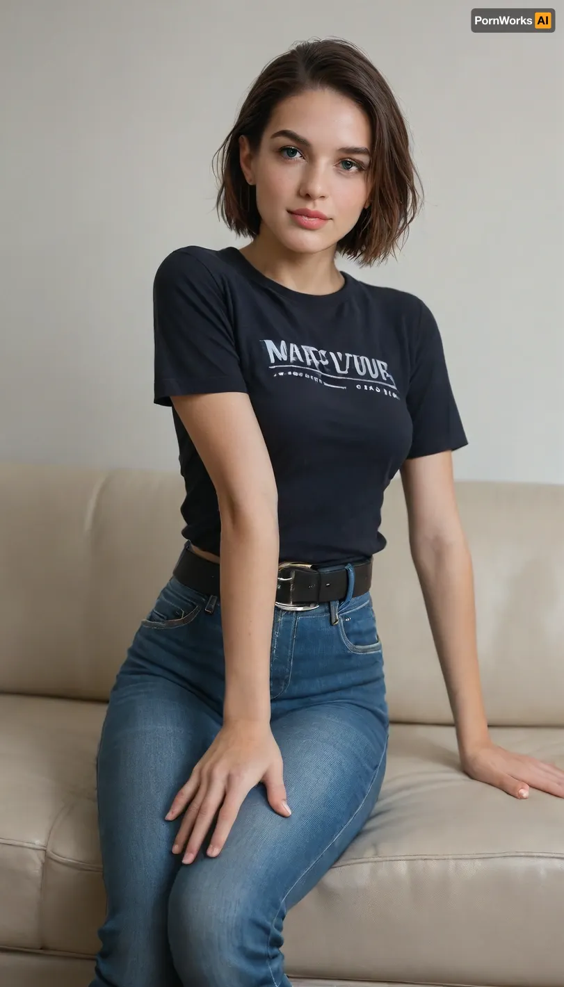 Jill Valentine's appearance from part 3 of the RE game, white background, wearing tight blue jeans with a black belt, and a blue T-shirt, sitting on the couch, hand on knee, smiling, lips made up with lipstick, eyelashes, anime drawing style.