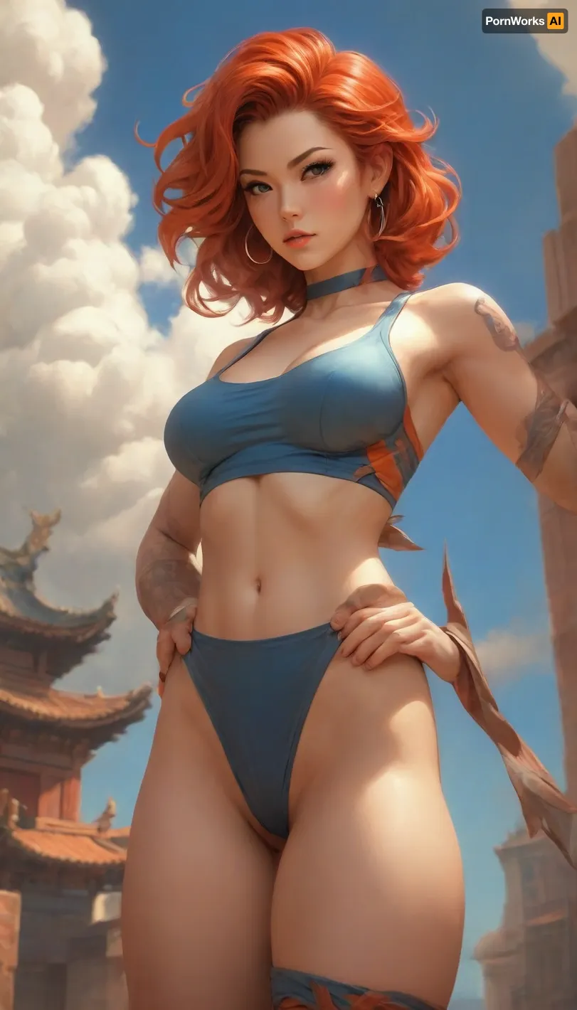 digital painting, 35 year old woman, rough digital painting, (full body:1.2), [], very slutty and revealing thong, blue crop top, beautiful elastic very big breasts, cleavage, athletic ass, japanese, muted red-orange hair, (muscular:1.1), build, simple background, moba character concept art, bombshell hair, copper hair, Side Swept Curls, spiked hair, thick thighs, narrow waist, chinese, (noon, blue sky, clouds, scenery, "at the Incandescent Spire":1), <lora:EnvyBeautyXL06:.3>, <lora:EnvyStarlightPrettyEyes01:.7>, <lora:EnvyScifiStyleXL01:1.2>