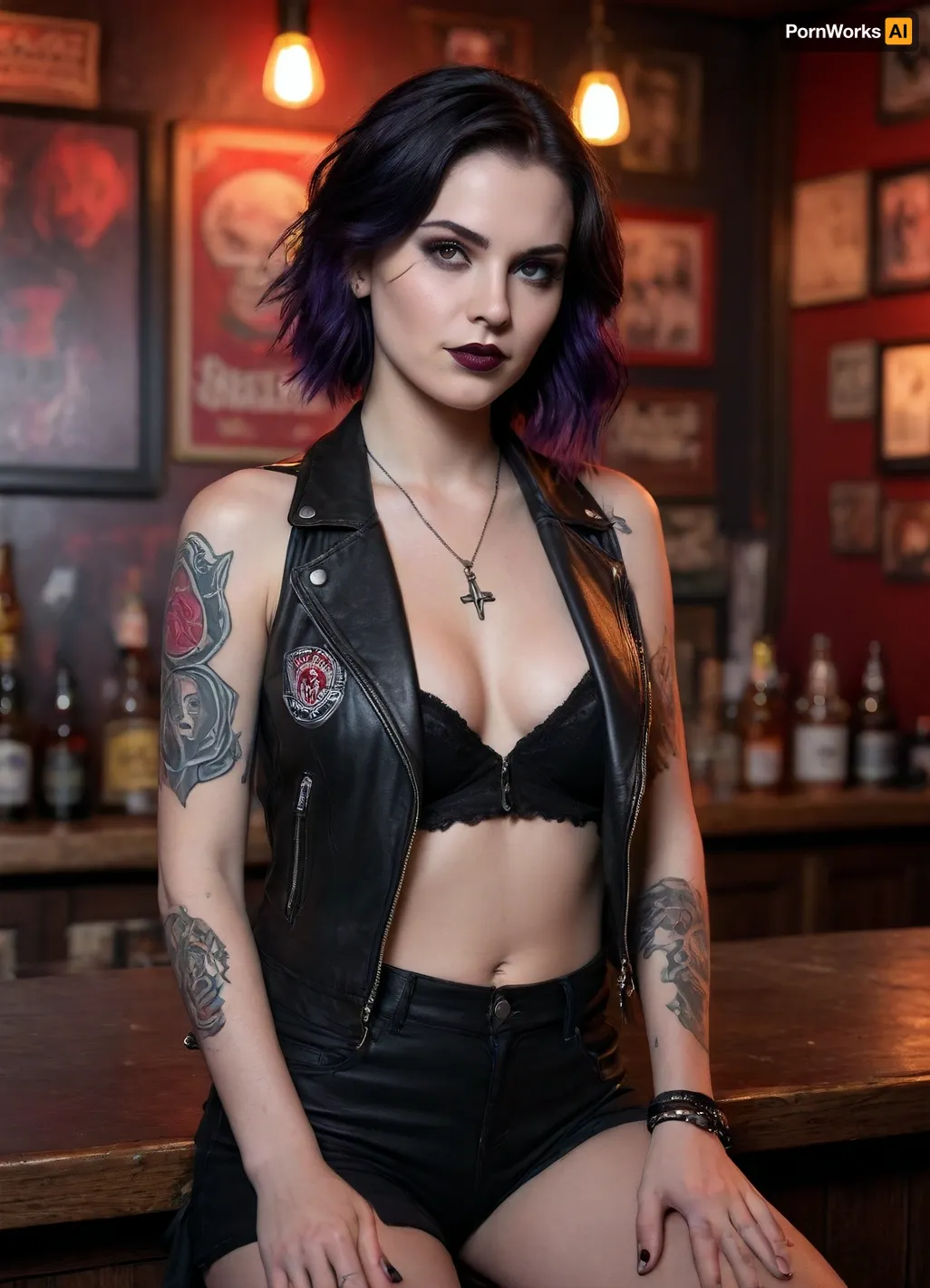 young goth-style woman seated in a dark metal bar. Full body shot. Her pale complexion contrasts with her deep black lipstick and heavy smoky eye makeup. Gothic tattoos on her body, Jet-black hair, partially shaved on one side, cascades in loose waves over her shoulder, with hints of deep red highlights. She's wearing a black leather jacket over her topless chest, layered with silver necklaces, including a pentagram pendant. Her expression is cool and intense, with a slight, knowing smirk. Behind her, the bar is dimly lit with red and violet ambient lights, casting moody shadows. Skulls, band posters, and vintage metal memorabilia line the walls. A faint haze of smoke curls through the air, and the glow of neon beer signs adds a gritty, atmospheric touch. The focus is on her face and upper body, capturing her rebellious elegance and the raw energy of the scene.