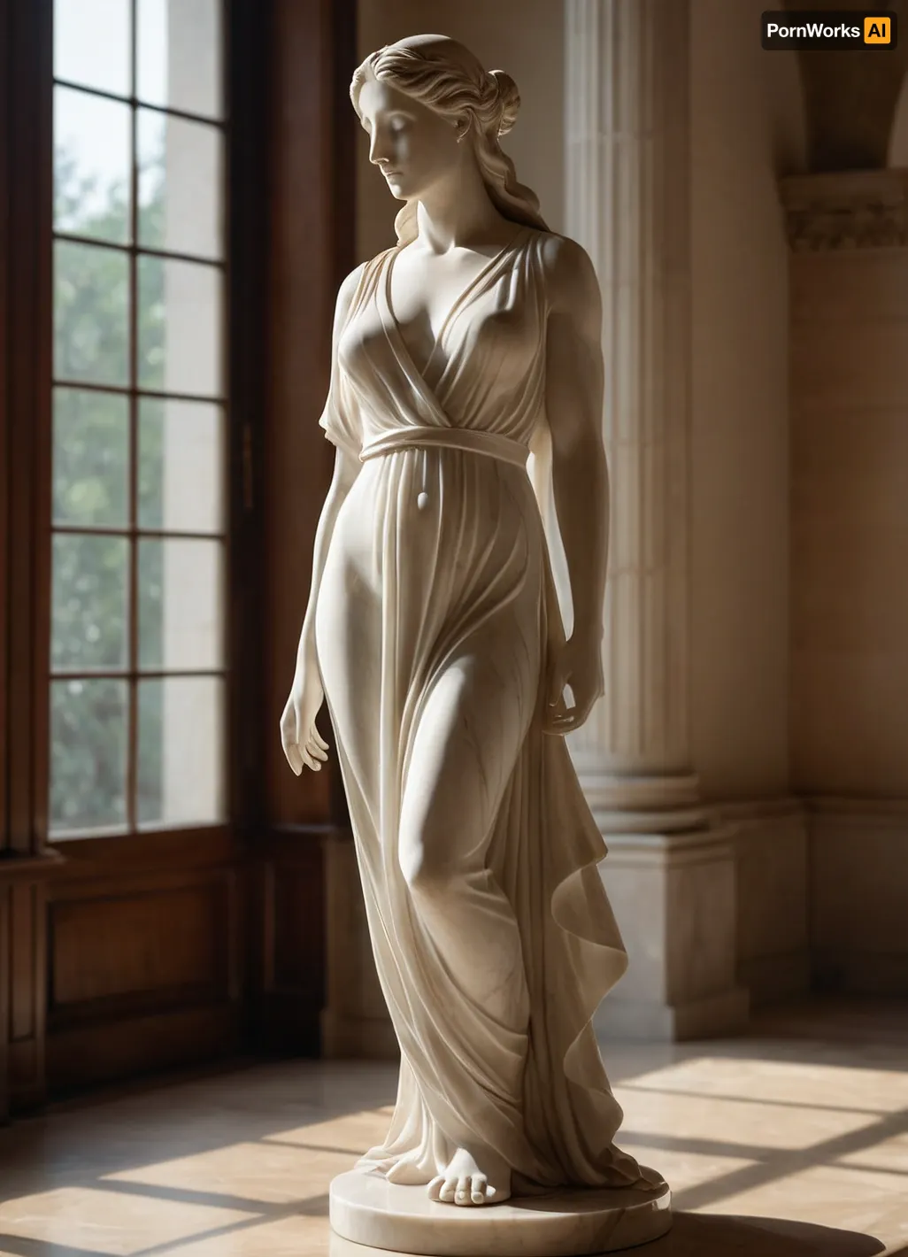 A beautifully crafted marble sculpture of a goddess, classical style, with a soft and flowing tunic, set within a warm, sunlit room. The sculpture showcases exquisite artistry, with smooth, flowing lines and realistic anatomical details, capturing the intricacies of the human form. It features long hair cascading down the back, elegantly poised limbs, and masterful use of light and shadow that gives the figure a lifelike and dynamic presence. In the background, large arched windows offer a glimpse of a blurred urban landscape outside. The setting is reminiscent of a classical art studio or gallery, where art and natural light coexist, enhancing the beauty and serenity of the scene.