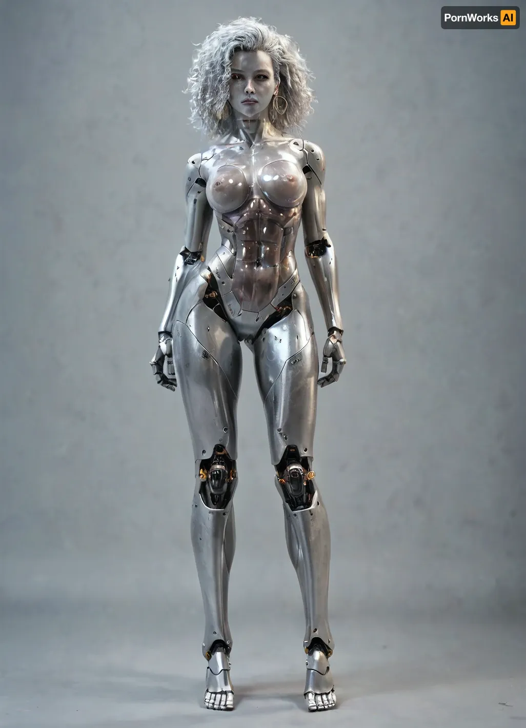 Brunetka 25 lat, nude, silver skin, style haime sorayama art, woman-cyborg, metal skin, cyborg woman, steel skin, FastNegativeV2, BadDream, Perfect face, translucent, transparent, full body, <lora:sdxl_glass:.8>