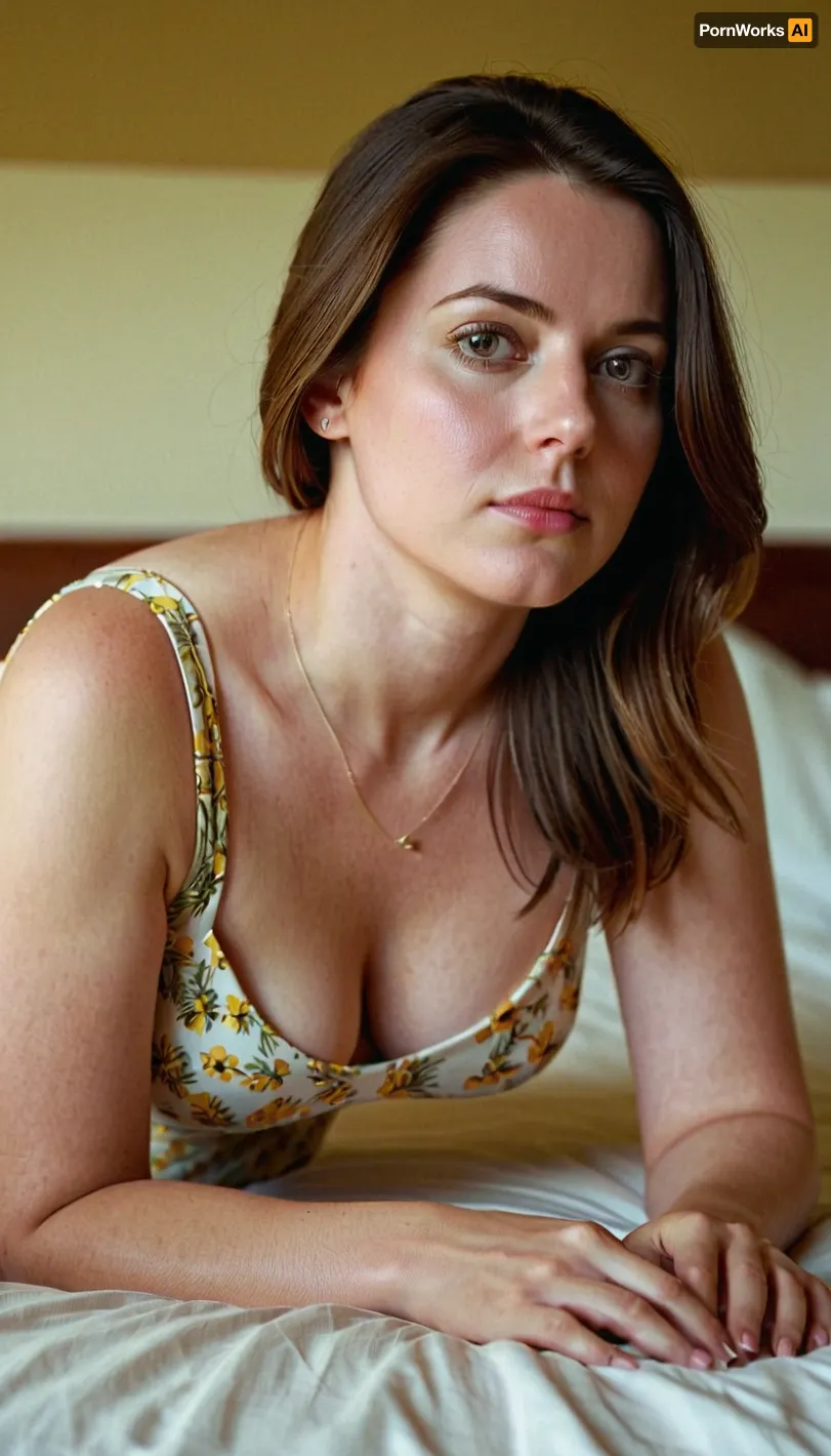 Young wife, 33 years old, mother, à little chubby, very pale skin, Large hips, (very small saggy Tits), (small boobs), brown hair, beautiful eyes, Playfull face, sexy summer dress
Photorealistic., ((On all fours)), ((on the bed)), front view, pov.
Handjob my dick