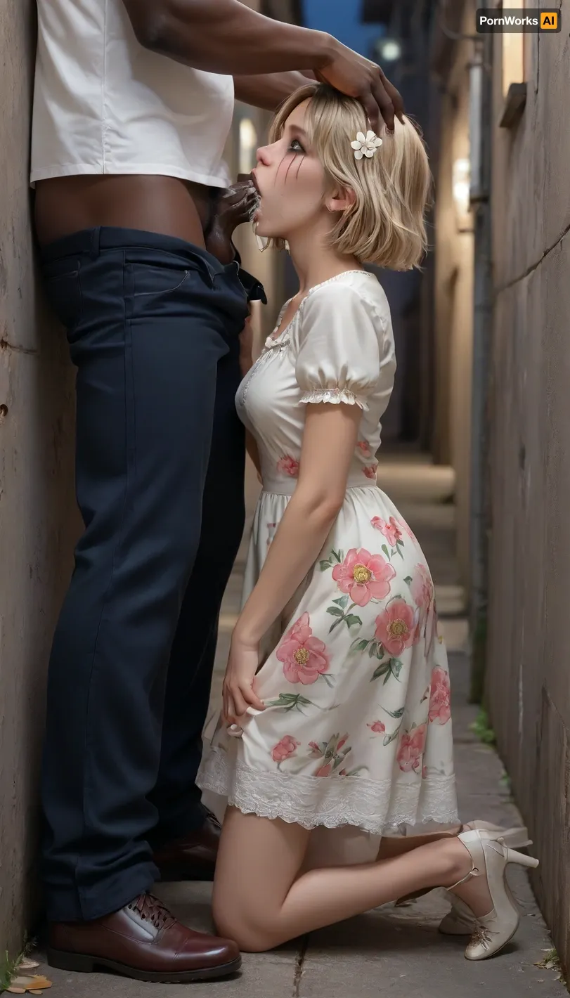 (Interracial), A 20-year-old thin woman in a short floral Summer dress gives a deepthroat blowjob to a clothed man in a dark alley, ((clothed man)), ((pants pulled down)), it's night outside, She's on her knees, throat blowjob, used, worn out, arms limp, legs limp, full-length shot, ruined makeup, blonde short hair, tears from the eyes, cum on face, cum in hair, cum in mouth, face turned away, dressed in a skirt and blouse, lace panties, stockings, high heels, after sex, pleading eyes, impregnation, impregnation insert, fertilization, large cock, <lora:makimacm44:1>, <lora:EnvyZoomSliderXL01:1>