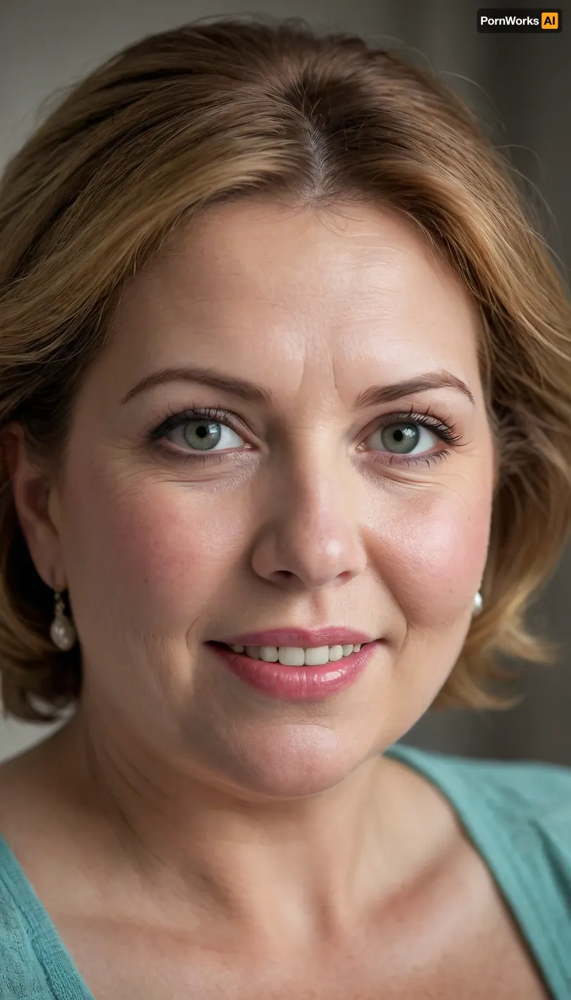 This is a highly realistic, detailed, and high-quality portrait of obese mature woman in her early to mid-60s, captured at a medium close-up, looking directly at the viewer with a warm and genuine expression.
Her hair is a rich chestnut brown, gracefully streaked with silver and gray, which is subtly styled, framing her face and highlighting her age with elegance. Her eyes are a striking feature, a piercing blue-green color that stands out vividly against her complexion. They convey warmth and a sense of depth and life experience.
Her face is characterized by a big, open-mouthed smile, revealing a full set of teeth and emphasizing her full, well-defined lips. The smile reaches her eyes, creating crinkles at the corners that speak of a lifetime of joy and laughter. Her skin, while showing the natural signs of aging with fine lines and a softer texture, appears healthy and well-maintained. There's a slight plumpness to her cheeks, consistent with a fat or chubby build.
She is wearing a low-cut silk camisole. The fabric appears soft and lustrous, draping over her ample bosom, which is quite large and prominently featured, consistent with the previous descriptions. The garment subtly highlights her curves.
The lighting in the image is soft and warm, casting gentle highlights and shadows that add depth and realism to her features. The background is softly blurred, likely a bokeh effect, ensuring that the entire focus remains on the woman and her expressive face. The overall impression is one of a confident, joyful, and mature woman embracing her natural beauty and age with grace.
