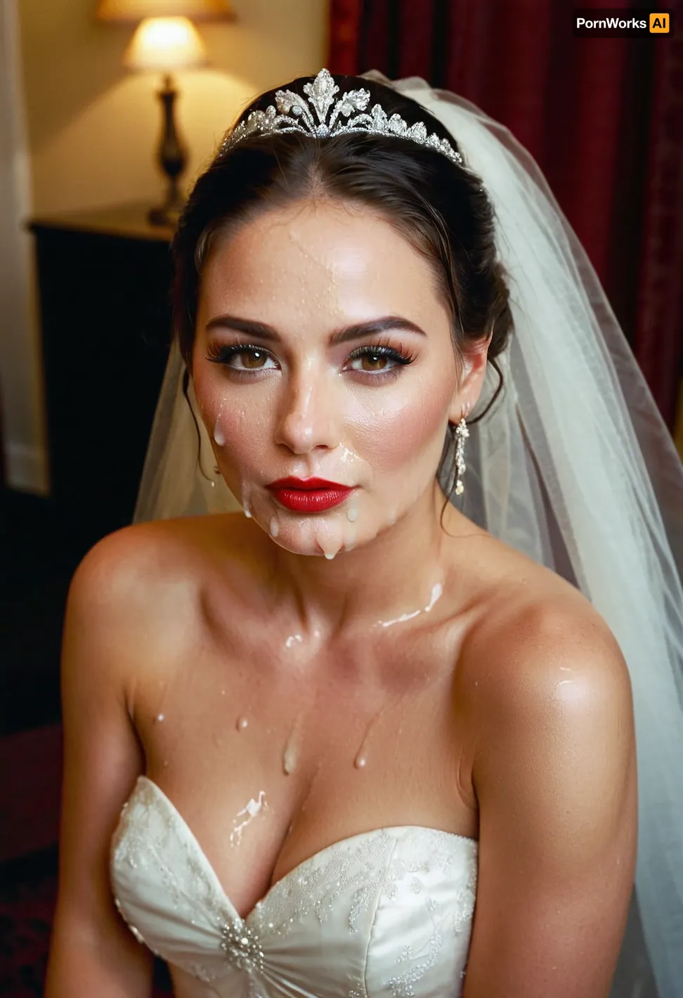 a full body image, bukkake, cumshot, facial portrait picture of the Bride face in cum facial, with heavy makeup and a lot of makeup, a lot of Cum on her face, cum on her long black eyelashes, Cum on her eyelids, Cum on her cheek skin, her face wet with Cum, Cum on her red lips. cum on her wedding tail., woman, cum, on, face, <lora:JustCum:1>