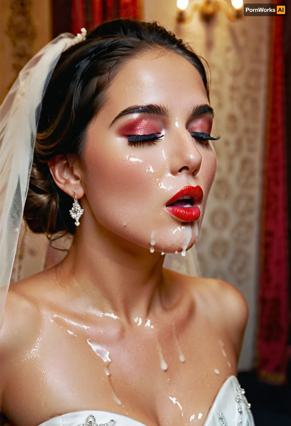 a full body image, bukkake, cumshot, facial portrait picture of the Bride face in cum facial, with heavy makeup and a lot of makeup, a lot of Cum on her face, cum on her long black eyelashes, Cum on her eyelids, Cum on her cheek skin, her face wet with Cum, Cum on her red lips. cum on her wedding tail., woman, cum, on, face, Blowing, A, Kiss, From, Hand, <lora:JustCum:1.7>, <lora:323398_training_data:1>