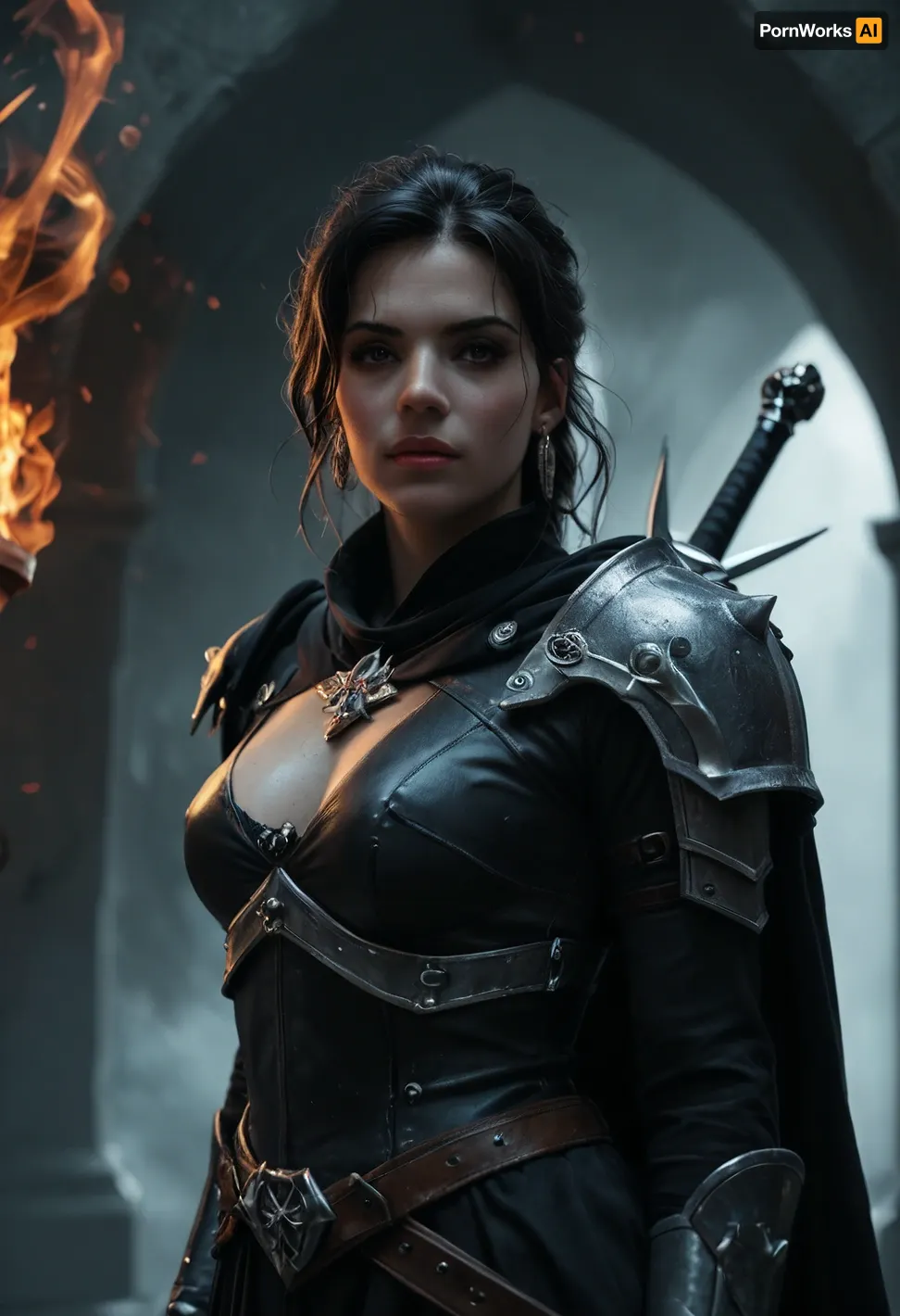 She is a striking and formidable presence, a woman forged by battle, bound by pacts, and driven by vengeance. At 40 years old, she carries the air of someone who has stared down both mortal threats and unknowable powers. Her steely grey eyes are sharp and unreadable, set into a face of fair skin weathered by war and lit by quiet intensity. Her black hair is swept back with disciplined care lending a dignified edge to her otherwise grim demeanor.

Her form is clad in dark half-plate armor, functional yet marked with faint, arcane etchings that seem to shift subtly in the light. Slung across her back is a large shield emblazoned with a phoenix, a symbol of burning judgment, resurrection, and undying purpose.

At her hip rests Dragonclaw, a masterfully forged silvered rapier. Its blade gleams with moonlit sharpness, able to pierce both flesh and the unnatural. The hilt is fashioned like a dragon’s talon clenching a garnet that pulses faintly with eldritch energy — a perfect synthesis of elegance, danger, and arcane force.

Once a duelist of the College of Swords, she fought with style, precision, and a flair that masked deeper wounds. But performance gave way to desperation when she sought out forbidden power — and found her.

Her warlock patron is a dark, mysterious lady known only in shadows and fragments. She speaks in riddles, in lullabies turned unsettling, her voice like silk over razors. Her presence is cloaked in moonless night, veiled in illusions and dreams. She never shows her true face — only silhouettes, shifting masks, or reflections in still water. Whether out of mercy, pride, or a deeper game, she does not know. But her unseen eyes are always on her. Her gifts are potent — fire that does not burn, whispers that carry through silence, and truths that twist like blades.

Years later, when betrayal seared what remained of her idealism, she took the Oath of Vengeance. She no longer believes in mercy for the wicked, only the pursuit of justice, unflinching and absolute. Now, every strike of her blade carries not just skill, but wrath, hers, the divine’s, and perhaps her patrons.

She is not a hero, nor a villain. She is a reckoning. A blade guided by shadowed hands, a woman driven by purpose and haunted by beauty she will never see unveiled. Where she walks, silver flashes, fire flickers, and justice, one way or another, is done.

realistic detailed face, realistic detailed hair, realistic detailed body, realistic detailed skin, random view angle, random pose, detailxl, hkstyle, <lora:dark:1>, <lora:add-detail-xl:1.5>, <lora:style_lora_realis:.5>, <lora:hkstyleV5:.8>