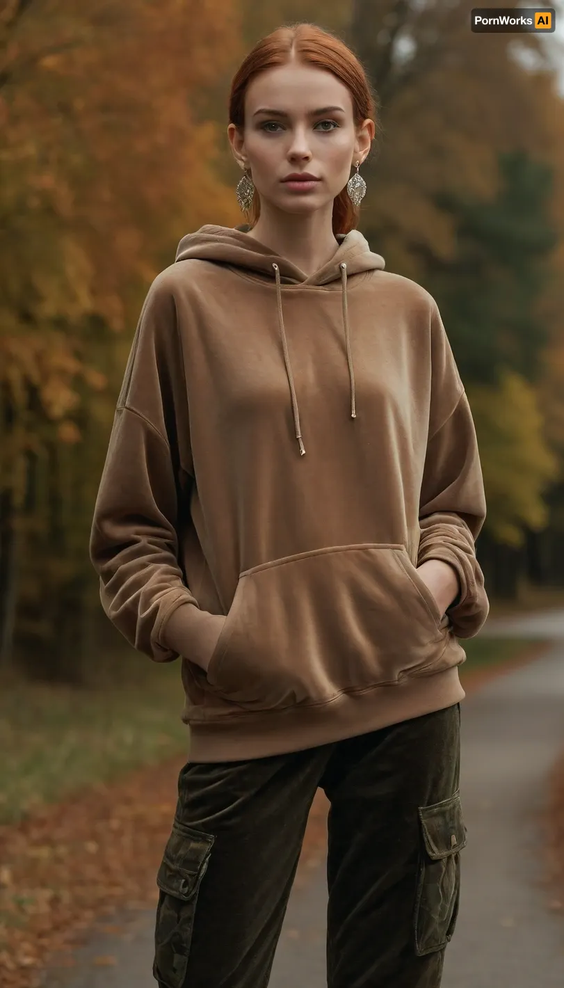(photo taken in perfect autumn landscape, out of town:1.2), photo shows complete Person, dynamic, realistic, perfect lighting, (best shadows), 8K, UHD, clear image, (best lighting), best quality, ultra detail, fine detail, high resolution, 8k wallpaper, masterpiece, one female, (European nordic type woman 30 years old:1.5), ((skinny with slender breasts, perky tits:1.4)), (((skinny, small, petite, height 175 cm, long perfect legs, perfect round ass, autumn narrow waist, wide hips:1.5))), (detailed green eyes, short red hair, shoulder length hair, tied in a braid at the back, individual hair strands in face:.8), (very detailed face, beautiful, light freckles, tanned skin, full lips), ((wearing a detailed shimmering dark beige velvet oversize hoodie, long sleeves, big earrings:1.5), (camouflage military cargo pants, cotton fabric:1.5)), boots, (backpack:1.5), hitchhiker