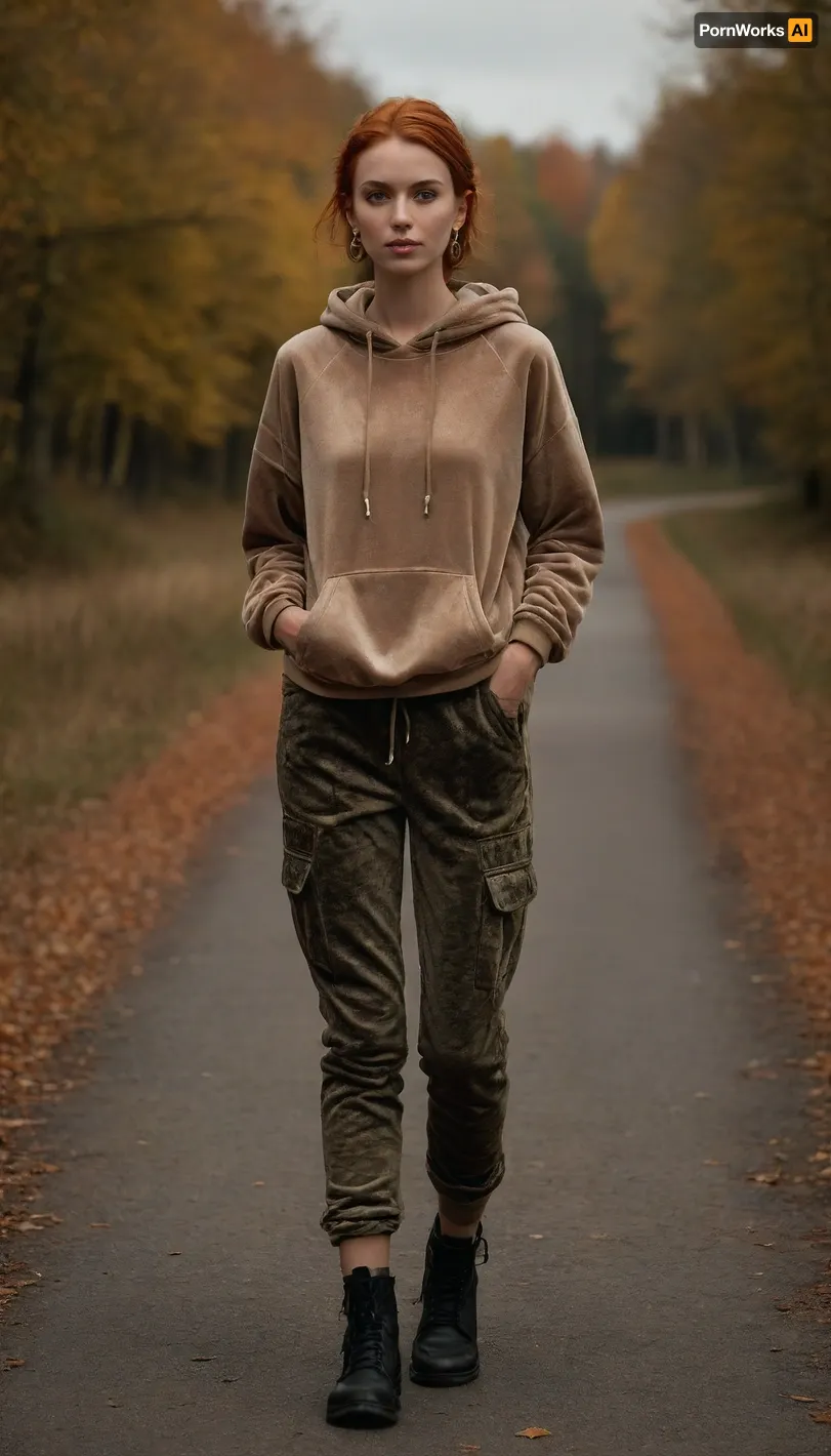 (photo taken in perfect autumn landscape, out of town:1.2), photo shows complete Person, dynamic, realistic, perfect lighting, (best shadows), 8K, UHD, clear image, (best lighting), best quality, ultra detail, fine detail, high resolution, 8k wallpaper, masterpiece, one female, (European nordic type woman 30 years old:1.5), ((skinny with slender breasts, perky tits:1.4)), (((skinny, small, petite, height 175 cm, long perfect legs, perfect round ass, autumn narrow waist, wide hips:1.5))), (detailed green eyes, short red hair, shoulder length hair, tied in a braid at the back, individual hair strands in face:.8), (very detailed face, beautiful, light freckles, tanned skin, full lips), ((wearing a detailed shimmering dark beige velvet oversize hoodie, long sleeves, big earrings:1.5), (camouflage military cargo pants, cotton fabric:1.5)), boots, (backpack:1.5), hitchhiker