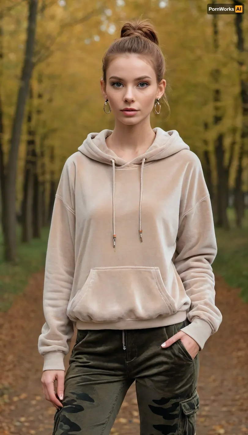(photo taken in perfect autumn landscape, out of town:1.2), photo shows complete Person, dynamic, realistic, perfect lighting, (best shadows), 8K, UHD, clear image, (best lighting), best quality, ultra detail, fine detail, high resolution, 8k wallpaper, masterpiece, one female, (European nordic type woman 30 years old:1.5), ((skinny with slender breasts, perky tits:1.4)), (((skinny, small, petite, height 175 cm, long perfect legs, perfect round ass, autumn narrow waist, wide hips:1.5))), (detailed green eyes, short red hair, shoulder length hair, tied in a braid at the back, individual hair strands in face:.8), (very detailed face, beautiful, light freckles, tanned skin, full lips), ((wearing a detailed shimmering dark beige velvet oversize hoodie, long sleeves, big earrings:1.5), (camouflage military cargo pants, cotton fabric:1.5)), boots, (backpack:1.5), hitchhiker