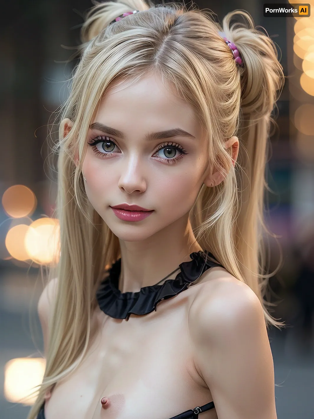 ((Close-up girl)), (((skinny))), upper body, (((petite young girl))), (((small snub nose))), (big eyes), super realistic photography, perfect lighting, (best shadow), 8K, UHD, clear image, (best lighting), highest quality, super detailed images, fine details, high resolution, 8k wallpaper, masterpiece, wide angle, super detailed NSFW clothing, super detailed photography, (((very cute face))), very petite, seductive Russian girl, (((18 years old))), ((smirk)), (((very long blonde hair messy thin pigtails))), (((shiny skin))), long hair, (((blush))), (lipstick), tiny crop top, garter belt, (((Long nipples))), (((standing))), (((tiny micro skirt))), visible panties, (((Flashing Tits))), (((shirtlift))), ((super detailed professional photography)), photorealism, DSLR camera, best quality, best resolution, with UHD resolution, perfect composition of light and shadows, the brightest image, clear focus, depth of field, skinny, perfectly detailed skin texture, perfectly symmetrical face, perfectly detailed sparkling eyes, perfect highlighted hair, 32k, 50 mm lens, 1/250 s, f/2.8, ISO 300, big tits, perfect lights, ziprealism, detailxl, res, 8k, raw, photo, epiCNegative, <lora:photorealistic02:.3>, <lora:weight_slider_v2:-1>, <lora:Japanese-doll-likeness:.3>