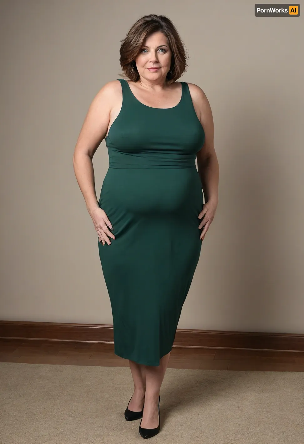 Full body shot, 50 year old woman, layered haircut, green eyes, black tight thin maxidress, obese, chubby, wide hips, curvy, small floppy breasts, sagging breasts, deflated breasts, tan lines, brown hair, upturned nose, SaggySlimXL, <lora:updated_saggy_slim:1>, <lora:clothed_small:.5>, bottomheavy, big, ass, huge, gigantic, thick, thighs, massive, <lora:bottomheavy_v1_sdxl_tags:.8>