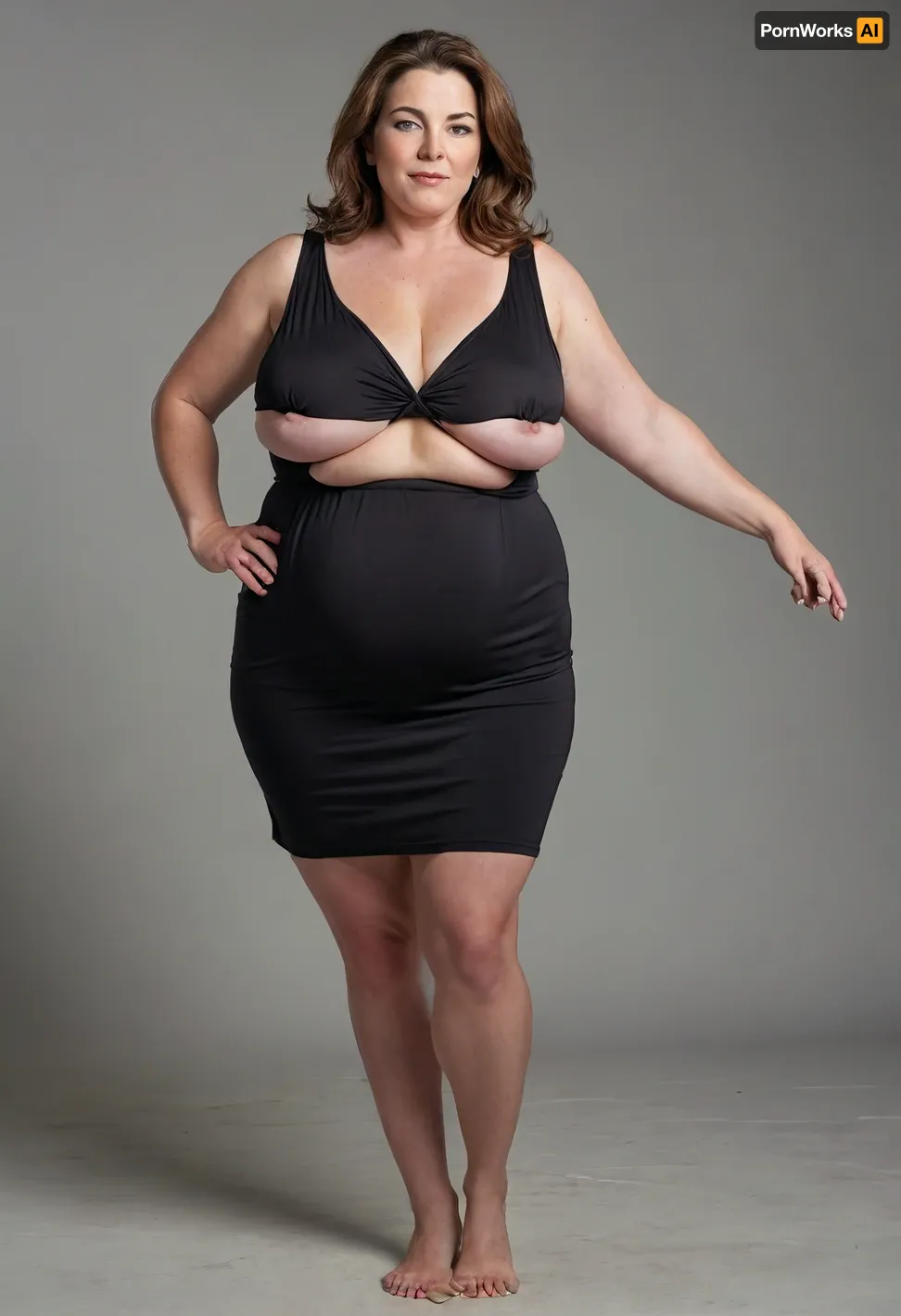 Full body shot, 50 year old woman, green eyes, black thin dress, obese, chubby, wide hips, curvy, small floppy breasts, sagging breasts, deflated breasts, tan lines, brown hair, upturned nose, SaggySlimXL, flat, chest, big, breasts, huge, gigantic, wide, hips, thighs, thick, plump, belly, female, fat, arms, extra, <lora:updated_saggy_slim:1>, <lora:clothed_small:.5>, <lora:Venus_Body_Alpha:.8>