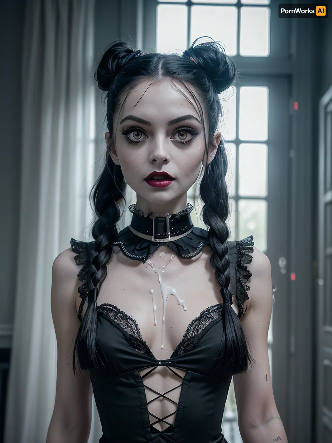 facing camara, 1 girl solo, sppoky moonlight mansion in distance, (intricate detailed Wednesday Addams face), intensely proud expression, (huge dark eyes with detailed black iris:1.2), dark bllod red lipstick detailed high collar buttoned black gothic top, very long very thick black briaded pigtails hair, several strings of thick lumpy white cum splashed across her face, (after bukkake:1.3), lots of cum on her, (cum on hair:1.5), after messy bukkake, several strings of thick lumpy white cum splashed over her hair, cum dripping, high detail, sharp focus, perfect lighting, awesome, dslr, 4k high quality. extra detail, extra sharp, magical, perfect moment, natural skin, pores, w3dn3sd4y, ziprealism, detailxl, res, 8k, raw, photo, epiCNegative, <lora:photorealistic02:.3>, <lora:weight_slider_v2:-1>