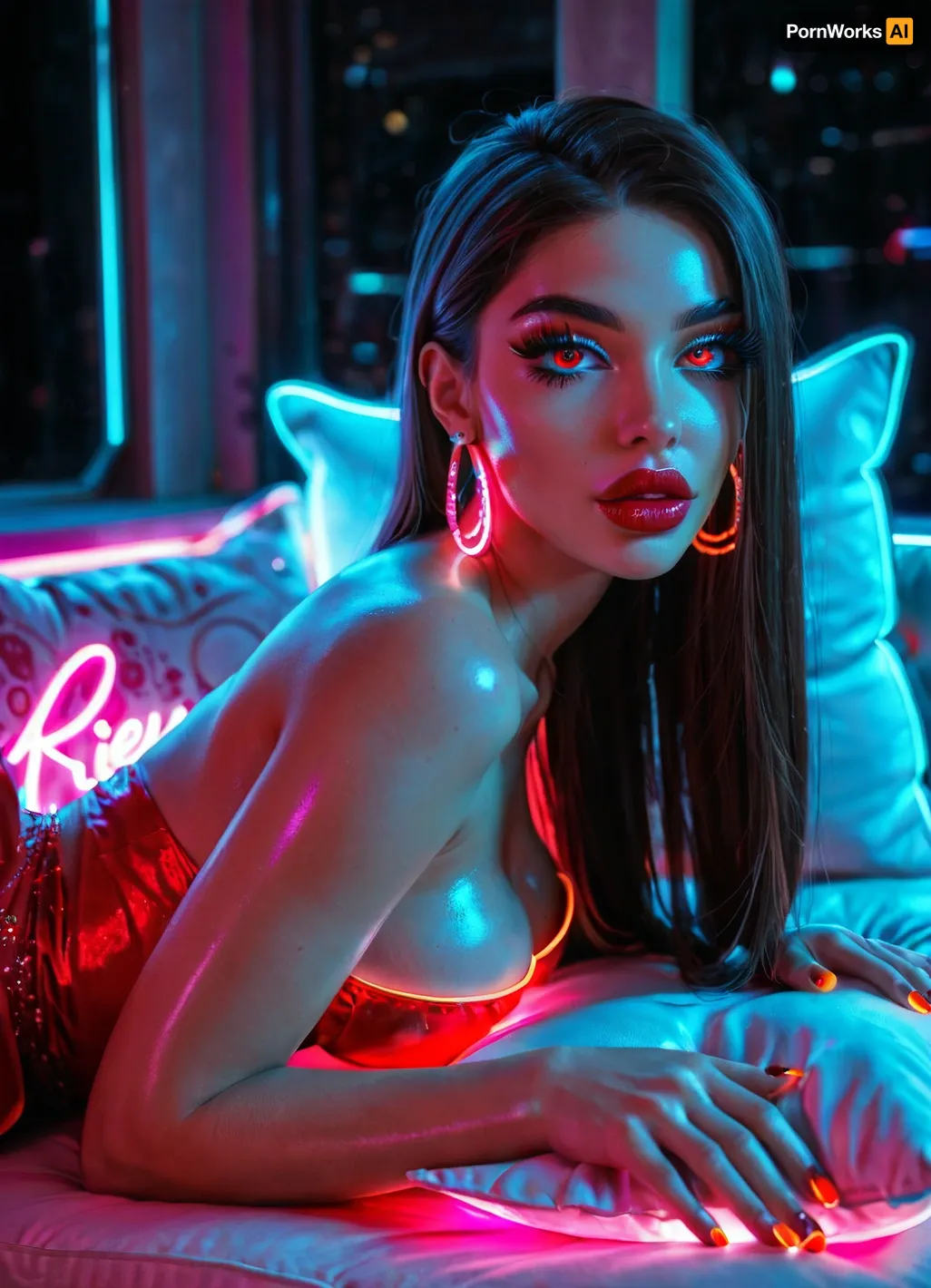 Horny girl long hair, (Long lashes), shiny skin, rich red lipstick, manicure, big hips, big lips, big Boobs, blue long dress, stockings, (neon, on cushions:1.3), leg up, (Neon), clutching, loock at viewer, view from behind, close-up
