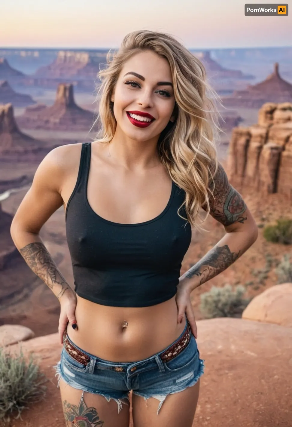 27 yo, (Alt Punk Boho Hippy), sexbomb, pouting her lips, horny, hourglass-shaped body, tall and slender and elegant, cinematic photo of one woman, (hipster-style creative Makeup:1.2), (Happy and smiling), (Many Tattoos, no pants, no panties, hairy pussy), (perfect vibrant eyes), ((blonde very long messy thick tousled loose hair)), (bronze tan), (clefted sensual detailed full lips with subtle red lipstick, big mouth:1.1), significant incisors, cute dimples, delicate nasolabial folds, cheekbones, notable jawline, small delicate wrinkles, small blemishes and moles, significant nose, (red long-sleeved very tight spahetti-strap tanktop, no bra, poking nipples), (petite round firm breasts:1.3), (beads), (very big hips, narrow waist:1.4), wide mature hips, closeup portrait, (canyonlands overlook, golden hour:1.1), (she is jumping in a silly way for the picture and making a silly face:1.2), 35mm photograph, film, bokeh, professional, 8k, highly detailed, clothes, braless, no, bra, <lora:add-detail-xl:.7>, <lora:braless-000007:.9>