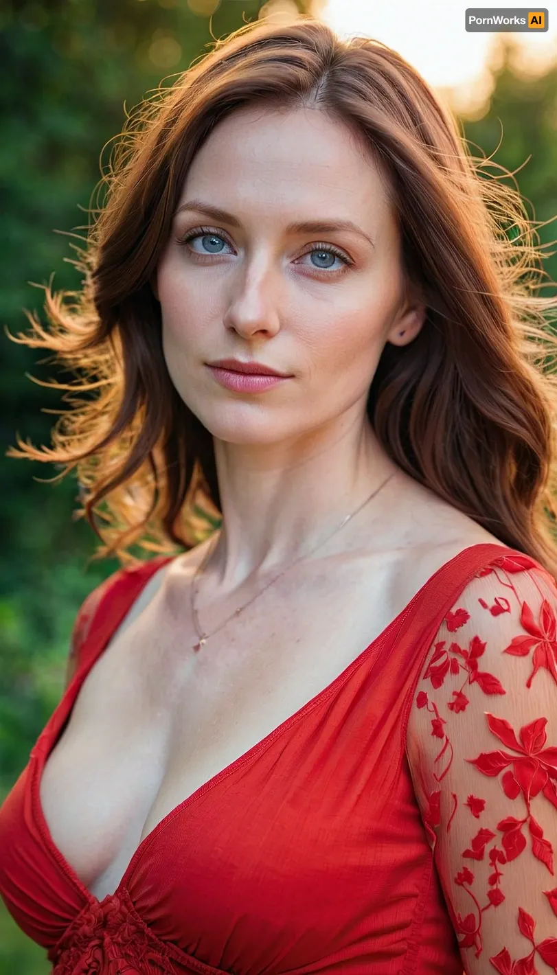 Young wife, 33 years old, mother, very pale skin, Large hips, (very small saggy Tits), brown hair, blue eyes, red long summer dress, . Full photo.
Photorealistic