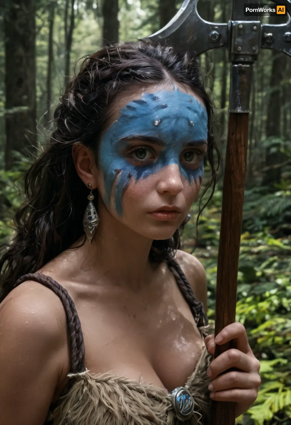 beautiful female barbarian warrior wearing blue face paint and loincloth, holding a battle axe, blue eyes, in a deep rapid river in a forest in twilight in the style of Boris Vallejo and Pino Daeni, part nude, (boobs:1.5), face closeup, 8k sharp focus, highly detailed, photorealistic, <lora:dark:.8>