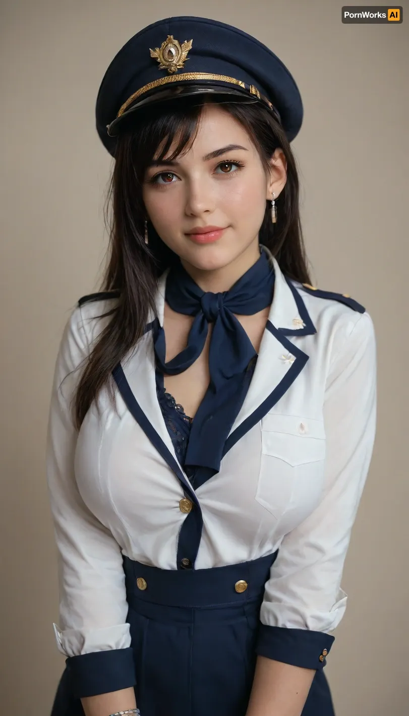 Tifa lock hart, A portrait of a female flight attendant standing confidently against a plain beige background. She has a bright smile and friendly expression, with neatly styled hair adorned by a blue hat. Her attire is a fitted dark blue uniform dress that highlights her professional demeanor, complemented by a matching neck scarf. Accessories include a name badge attached to her uniform, full sleeves, a blue bracelet, and sheer black tights. The lighting is soft, highlighting her facial features while maintaining a polished look. The composition is centered, emphasizing her pose and attire, creating a portrait that exudes professionalism and approachability, curvy body, huge natural breasts, breasts covered.