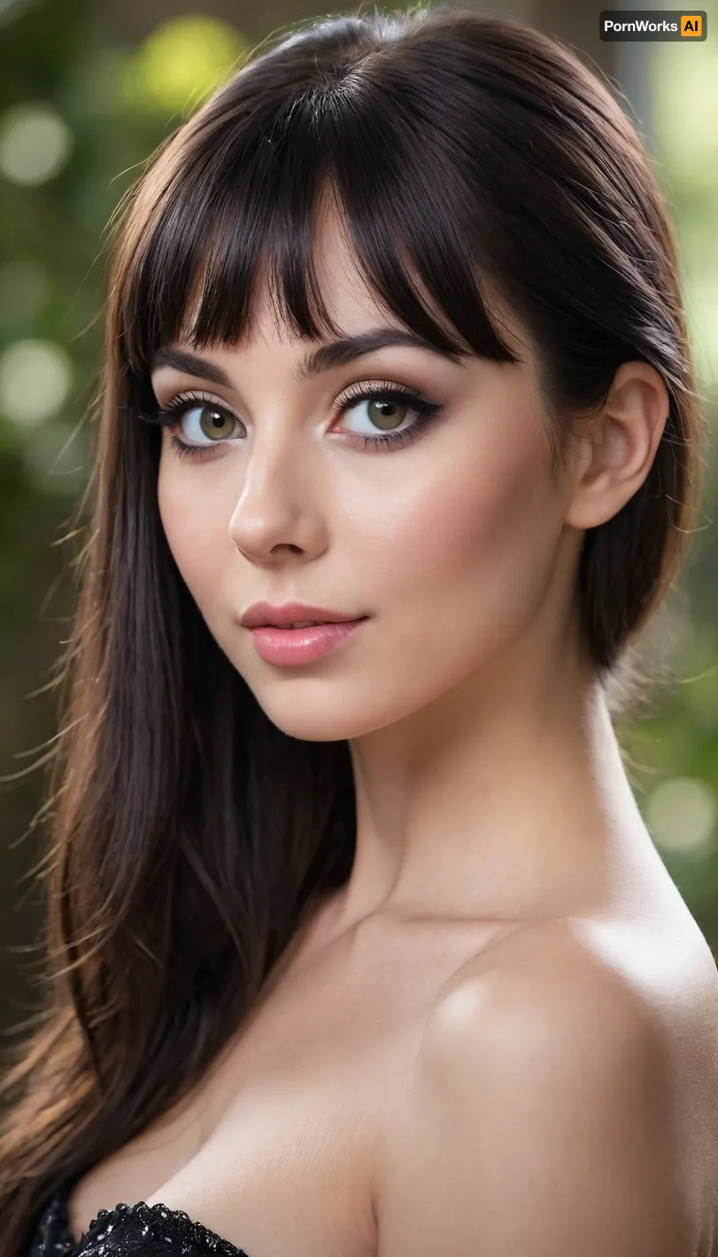 ziprealism, (medium closeup shot, sharp focus, focus on, eyes perfect eyes), (adoring girlfriend, sense of playfulness, intimate esthetic, mischievous eyes, charismatic), (flawless skin, pale alabaster skin, soft blush), (glossy black hair, very long hair, bangs hair cut, hair framing face, stray hair:1.4), (round face, heartshaped face, soft face, large doe eyes, subtle makeup, defined cheekbones, long eyelashes, glittering eyes, adorable dimples:1.5), (tight dress, flattering dress, strapless dress, cleavage, nipple slip, pale breasts:1.2), minimalist composition, textured dark charcoal grey studio background, shallow depth of field, bokeh background, professional color grading, RAW photo quality, striking visual contrast