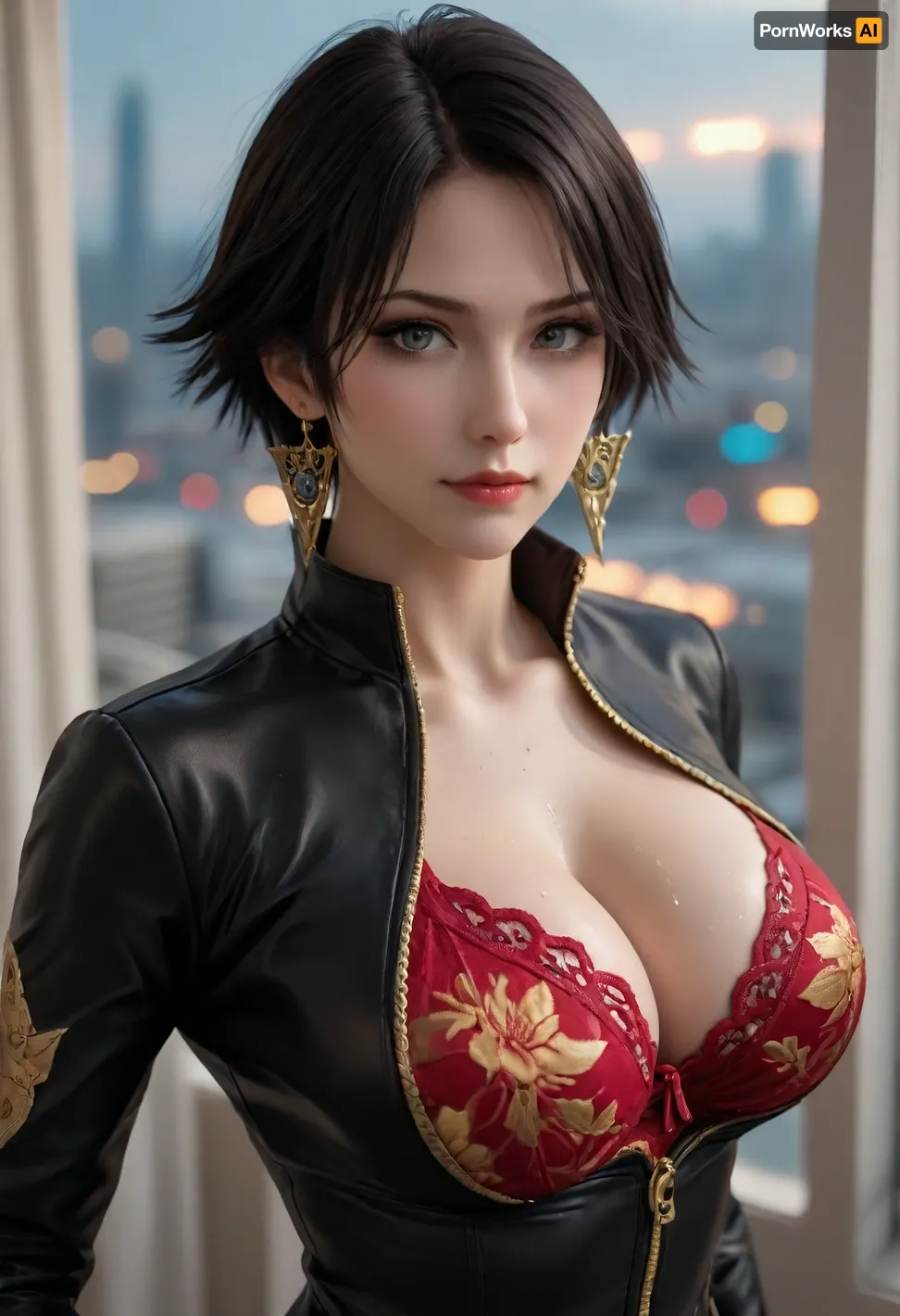 Best quality, masterpiece, high resolution, high detail, perfect lighting, best shadow, best frame, dark theme.

//🙎//, (bayonetta, boa Hancock, mai shiranui), .

//💋// smirk, golden eyeliner, violet eyeshadow, (black short hairs:1.5), ((oiled skin)), ((sweaty)), .

//🏛//, (clean futuristic aesthetic), (futuristic city from full_height windows:1.5), .

//💪//, (chest and side view), .

//👙//, (massive breasts:1.3), .

//🤘//, (standing near the window, head side to looking out through the window:1.5), .

//👚//, (zip-down glossy black latex jumpsuit with gold floral and leaf print), red lace bra under jumpsuit, .

//💍//, .

//🎬//, (light penetrating through hair strands, glowing tips, golden rimlight, backlight), (strong light shone on her body from forward), extreme reflection, light and shadow contrast, (Depth of field， perspectives), .

//📎//