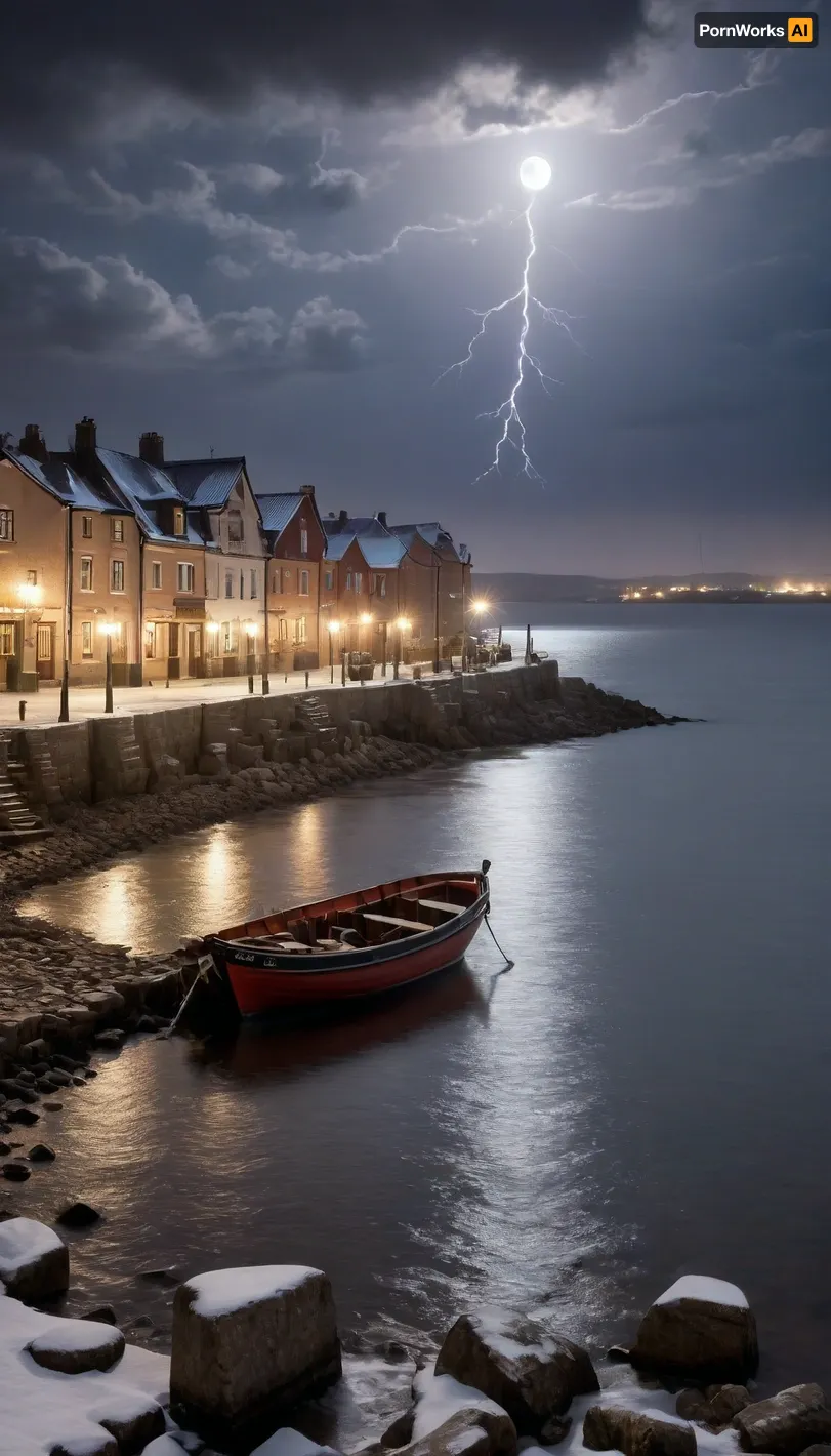 A small bay in the north Sea, a rocky shore separates the smooth water from a small fishing village, old lanterns illuminate the evening marina, a small fishing boat enters a snow-covered port, clouds are gathering in the sky, illuminated by the moonlight, Lightning flashes far away, ((accidentally:2))