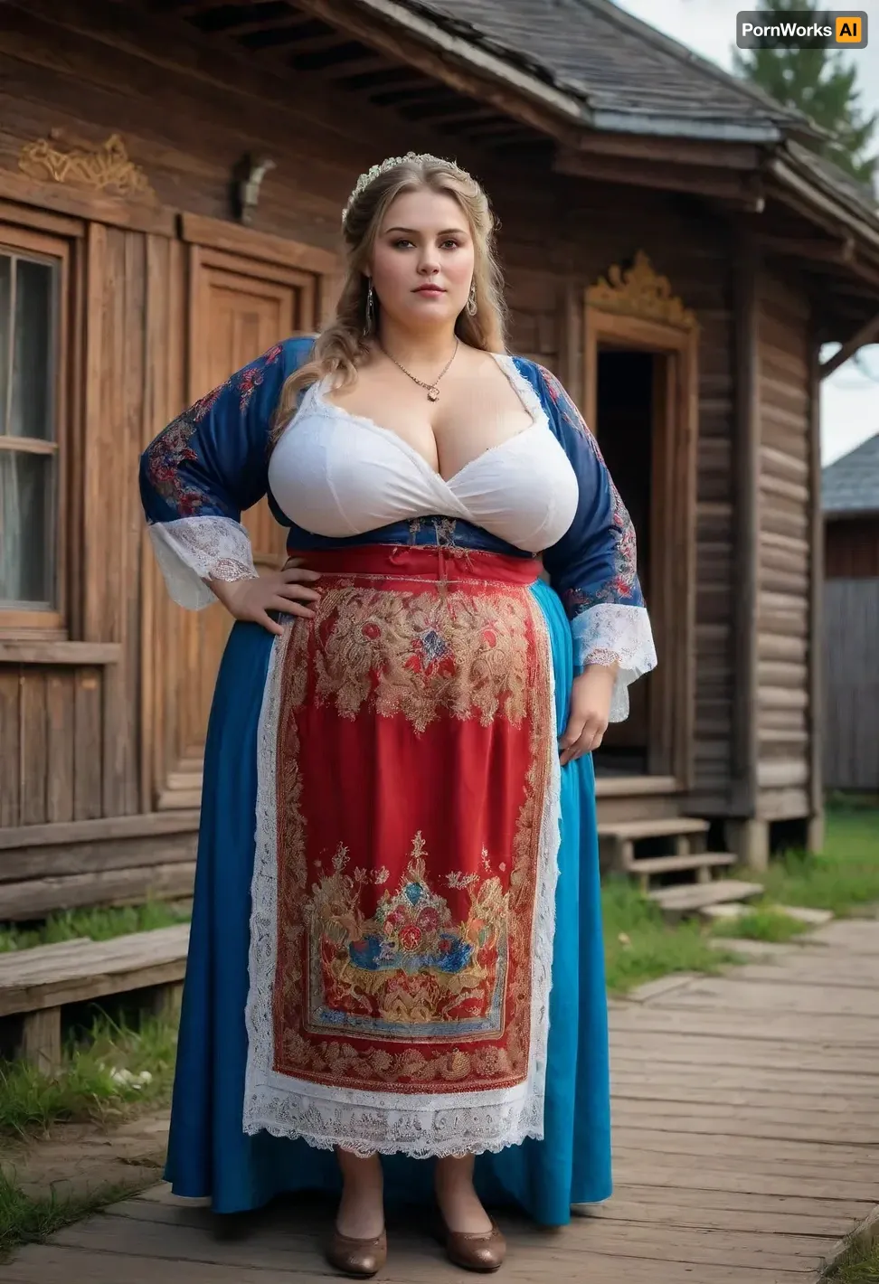 Full body portrait of a Russian beauty oversized bbw milf with oversized thick thighs and large floppy breast, in national costume. old russian village, wooden russian houses. lace filigree of bright, rich color. Super clear, highly detailed watercolor, glaze technique, plus colored alcohol ink.