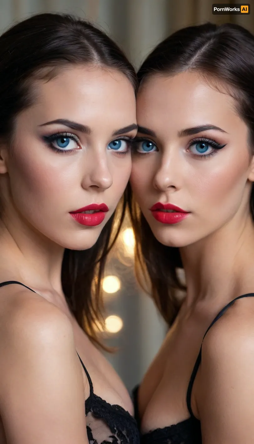 ziprealism, (sexy twins, identical twins:1.8), (medium closeup shot, sharp focus, focus on lips), (adorable women, romantic esthetic, loving eyes, shy expression, bashful pose:1.6), (vibrant blue eyes, extreme eye detail, glistening eyes, catchlights, perfect eyes:1.4), (glossy black hair, thick hair, center-parted hair, stray hair, cascading hair framing face:1.2), shallow depth of field, bokeh background, RAW photo quality, (rule of thirds composition, negative space, symmetry, symmetrical, short focal length:1.2), high fashion, luxurious, extravagant, stylish, opulent, elegance, (low-light, low-key, dramatic lighting, contrasting shadows:1.4), <lora:zavy-cntrst-sdxl:1.5>