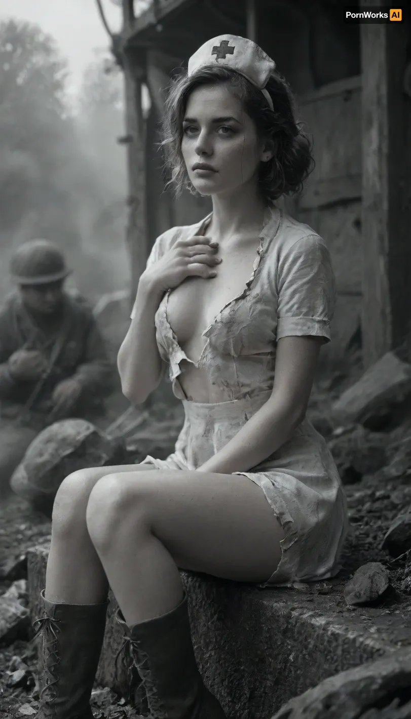 Score_9, score_8_up, score_7_up, ultra realistic vintage photo of a sexy female military nurse in World War I, side view, sitting on battlefield, covering chest, torn vintage nurse uniform revealing one bare breast, (dirty face with sweat and grime), legs forward, wild messy hair, intense expression, smoke and gray clouds in the sky, smoke and explosions in the background, a lot of soldiers on background, dramatic cinematic lighting, battlefield atmosphere, detailed skin texture, stockings and boots, 1910s military aesthetic, photorealistic, old film camera, (monochrome, sephia, vignette), fdec, tcc_foundphotos, <lora:MJ52:.8>, <lora:fdec:.8>, <lora:vintagephoto_training_data:.8>