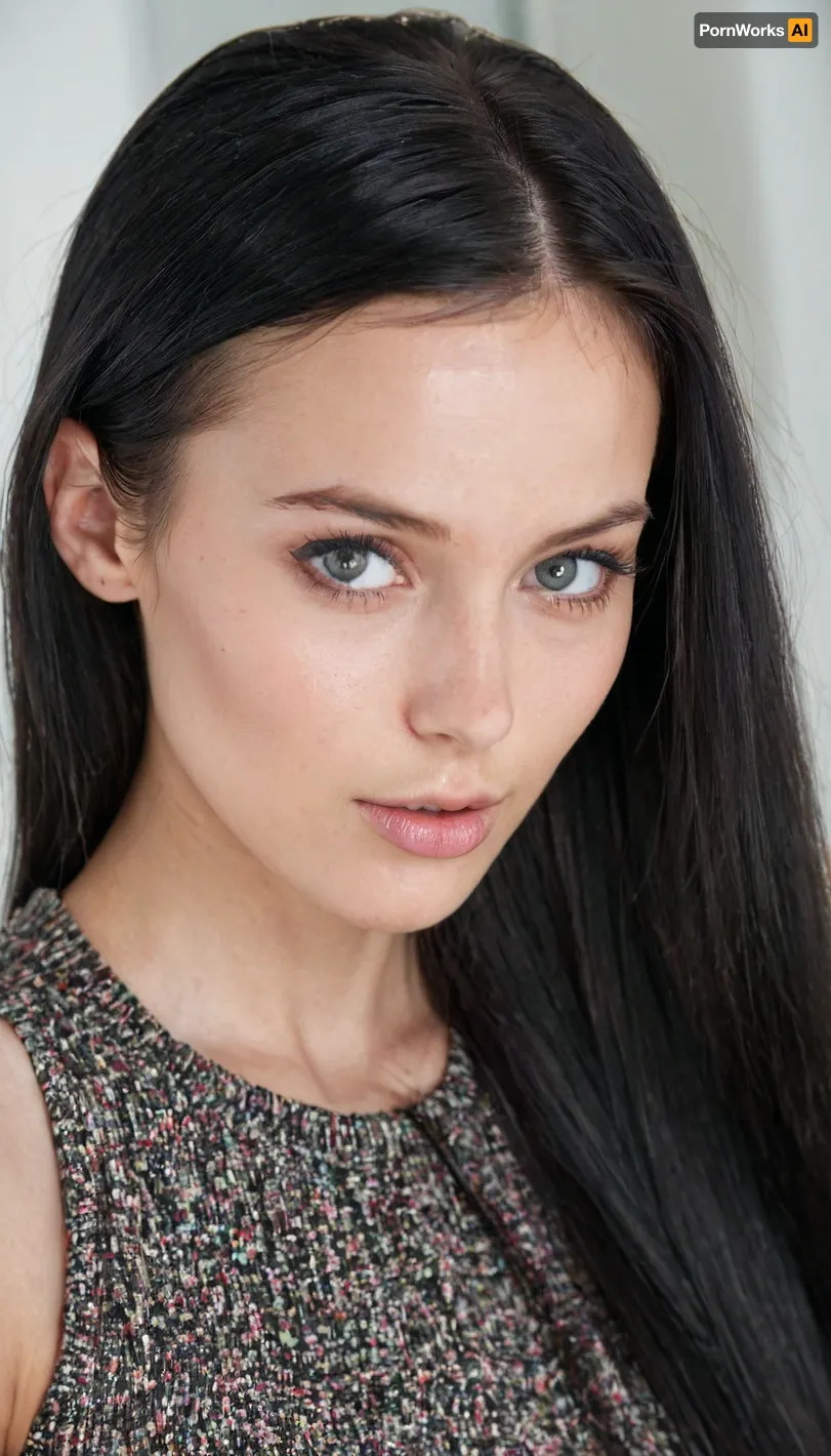 A very detailed and realistic portrait of a young woman with an intelligent yet attractive appearance. She has a delicate face, smooth fair skin and long straight black hair. Her expressive eyes are calm, giving her a sophisticated and diligent look.