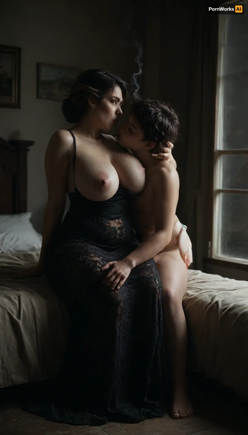 Woman smoking, 1950s vintage, sexy hourglass figure, full body, Milf, two tone hair, messy hairstyle, huge hips, (big breast:1.3), black long lace dress, lonely house wife, smoking, sit behind the window, ((lman, on his back, sucking her nipples, breastfeeding, suckling, nursing, sucking tits)), adult nursing relationship, she is wanking his fat cock, he is asleep, handjob, huge cumshot, lots of cum, lactating nipples, ((breastfeeding:1.3)), ((breastfeeding)), gigantic breasts, ((sucking nipples)), he is lying down, <lora:dark:.8>