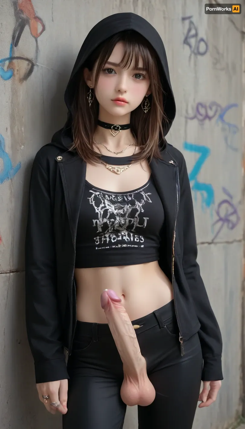 1girl, jewelry, solo, earrings, necklace, pants, long_hair, brown_hair, tattoo, looking_at_viewer, navel, jacket, black_pants, brown_eyes, midriff, graffiti, hood, chain_necklace, chain, choker, blush, black_shirt, hoodie, piercing, gloves, realistic, shirt, black_jacket, gold_chain, clothes_writing, futanari, mastrubation, erect penis, hard penis, sagging testicles, veiny cock, leaking precum, throbbing cock