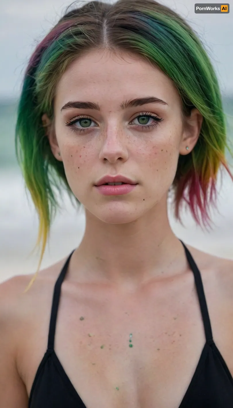 beautiful 18 years old, skinny face, under eye freckles, petite body with rainbow hair, pigtails at the beach, wearing black bikini, green eyes, supermodel, face, big, lips, <lora:Beautify-Supermodel-SDXL:.8>