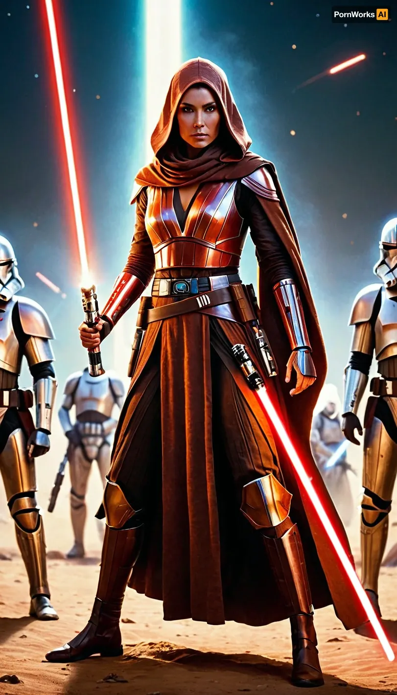 Super realistic image, full colour image, full body view, full body in frame, 8K quality, super detail, masterpiece, Jedi Knight Bastilla Shan of the Knights of the Old Republic, stands with a lightsaber on the battlefield, surrounded by soldiers., best lighting, professional quality photo shoot