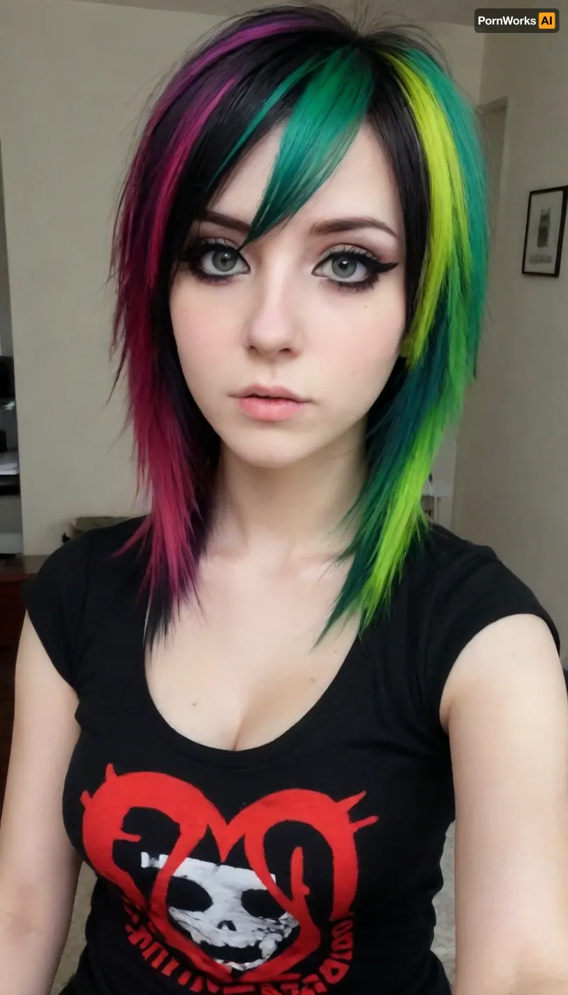 ziprealism, (medium full shot, high angle shot, focus on eyes), sharp focus, (perfect eyes, stunning eyes, vivid eyes:1.4), (emo girl, emo hairstyle, two-tone hair, alt girl, emo style, emo esthetic, band t-shirt, tight tahirt:1.6), (intimate bedroom scene, pouting expression, off the shoulder), (large breasts, soft breasts, pale breasts, cleavage:1.4), <lora:add-detail-xl:1.2>, igbaddie, <lora:igbaddie-XL:.4>