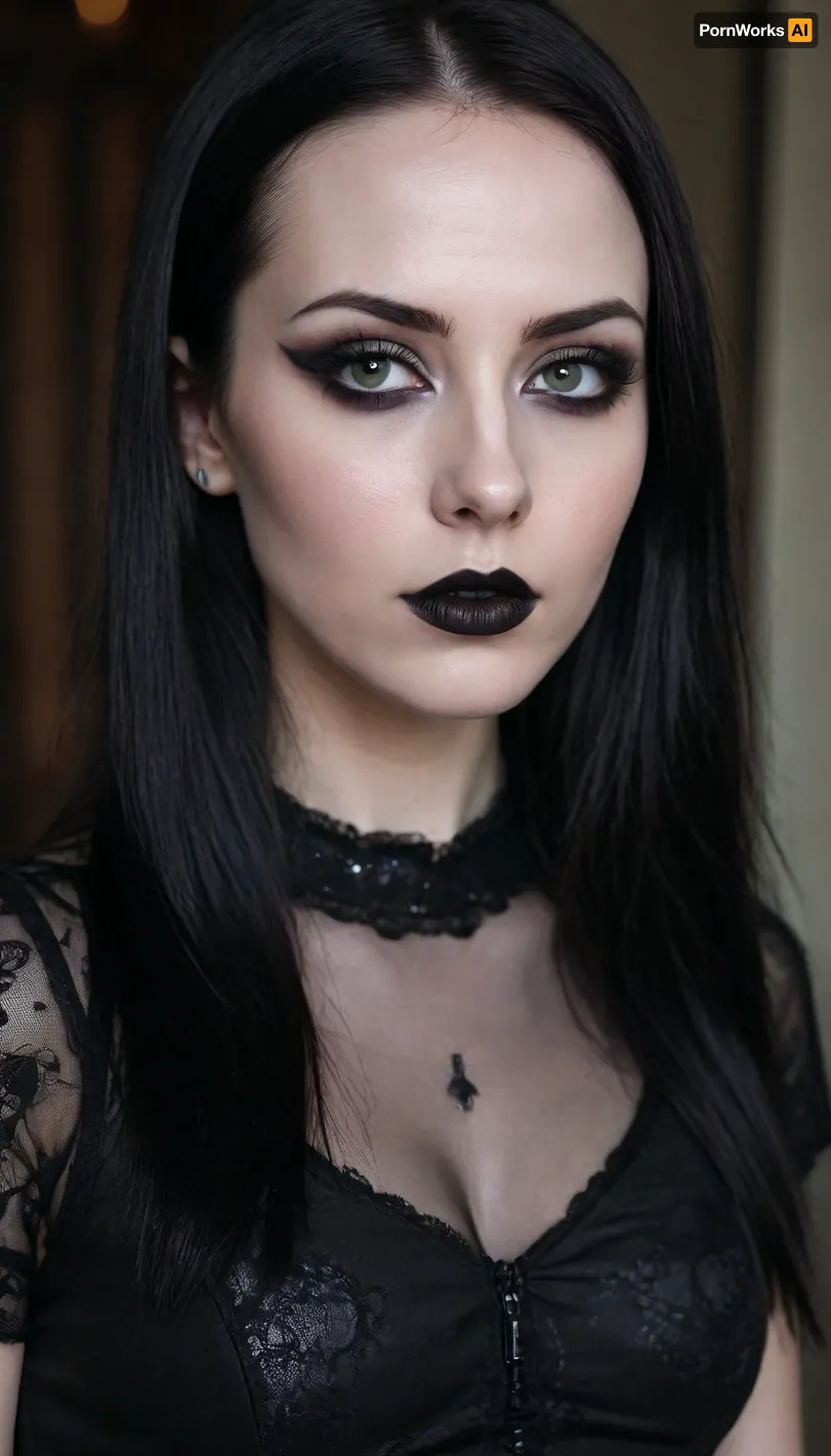 skinny white caucasian girl with dark straight long black hair without bangs, goth, punk rock style, she has extreme dark hazel eyes, wearing lots of black eye makeup with sharp black points at the corner of her eyes, dark lipstick