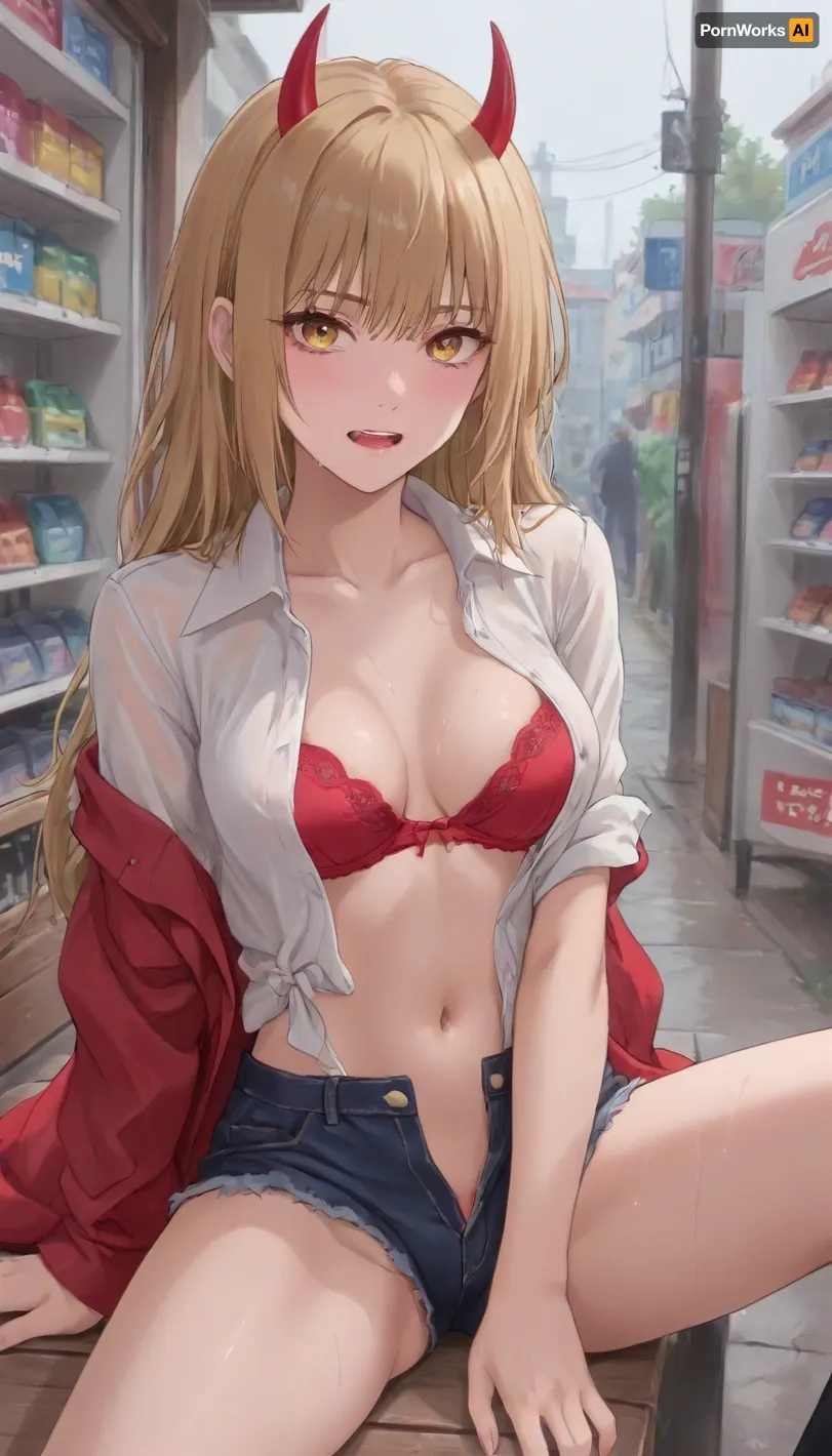 The anime character "Chainsaw" Power is a young girl with blonde hair, whose long hair reaches the middle of her back. She has light red devil-like horns sticking out of the top of her head, red and yellow cross-shaped eyes, and sharp teeth with well-defined fangs. She's wearing an ordinary shirt with two slightly unbuttoned buttons, a push-up bra that accentuates her breasts, short shorts that stick into her vagina, a beautiful, neat vagina, sitting on a bench in the rain, all wet, next to a Japanese-style store., <lora:outline_xl_kohaku_delta_spv5x:1.3>, <lora:NEOTOKIOXL_0.2_RC:.7>, <lora:Ppolar-P3v1-NbVp10:.7>, <lora:one breast out XL:2>, <lora:cartoon_stickers_xl_v1:.5>