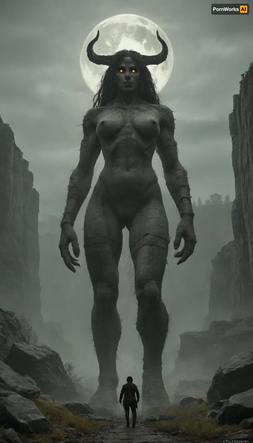 Female stone colossus made of mossy boulders, Long flowing hair like cracked rock tendrils, Rounded shoulders, curved silhouette fading into fog, beautiful face — smooth stone skin, perfect body, huge tits, (tiny knight standing near colossus:1.4), low angle, size difference, Thick grey mist swallowing her lower body, tiny knight standing near colossus, Barren hills below, dead trees like cracks in the sky, Pale moon barely visible through clouds, Desaturated colors, (stone grey, moss green, fog white), Painting by Caspar David Friedrich, A24 film still, lonely and silent, Sea of fog drowning everything below her ribs, Storm clouds grazing her shoulders, Sharp diagonal rock lines converging to her form, Monochrome with moss-green hints, Terrence Malick cinematography, Stone texture masterpiece, giant, skull, glowing, eyes, made, of, stone, <lora:Colossus-000004:.8>