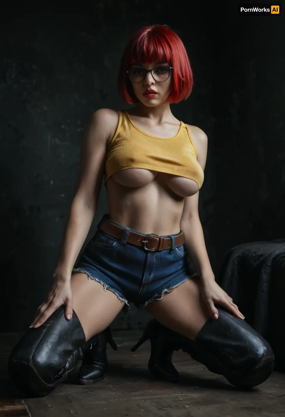 Slender 21yo woman, (bob cut and bangs red hair:1.3), Oval high cheekbone face. Wide jaw., (Pale skin:1.2), with soft features, light eyeliner and lip gloss, Wide brown eyes, filled with devotion and submission, (Wearing yellow underboob tanktop, very very tiny dark blue tight low rise cutoff booty shorts with a brown belt, and dark gray high heeled boots. Also wearing thick black rims rectangle glasses), Submissive body language and pose, (in a dirty dark bedroom), realistic detailed face, detailed hair, realistic detailed body, realistic detailed skin, realistic detailed breasts, realistic detailed pussy, random view angle, action pose, hairy pussy, (natural saggy breasts), <lora:add-detail-xl:1.5>, <lora:style_lora_realis:.5>, <lora:dark:.8>, detailxl
